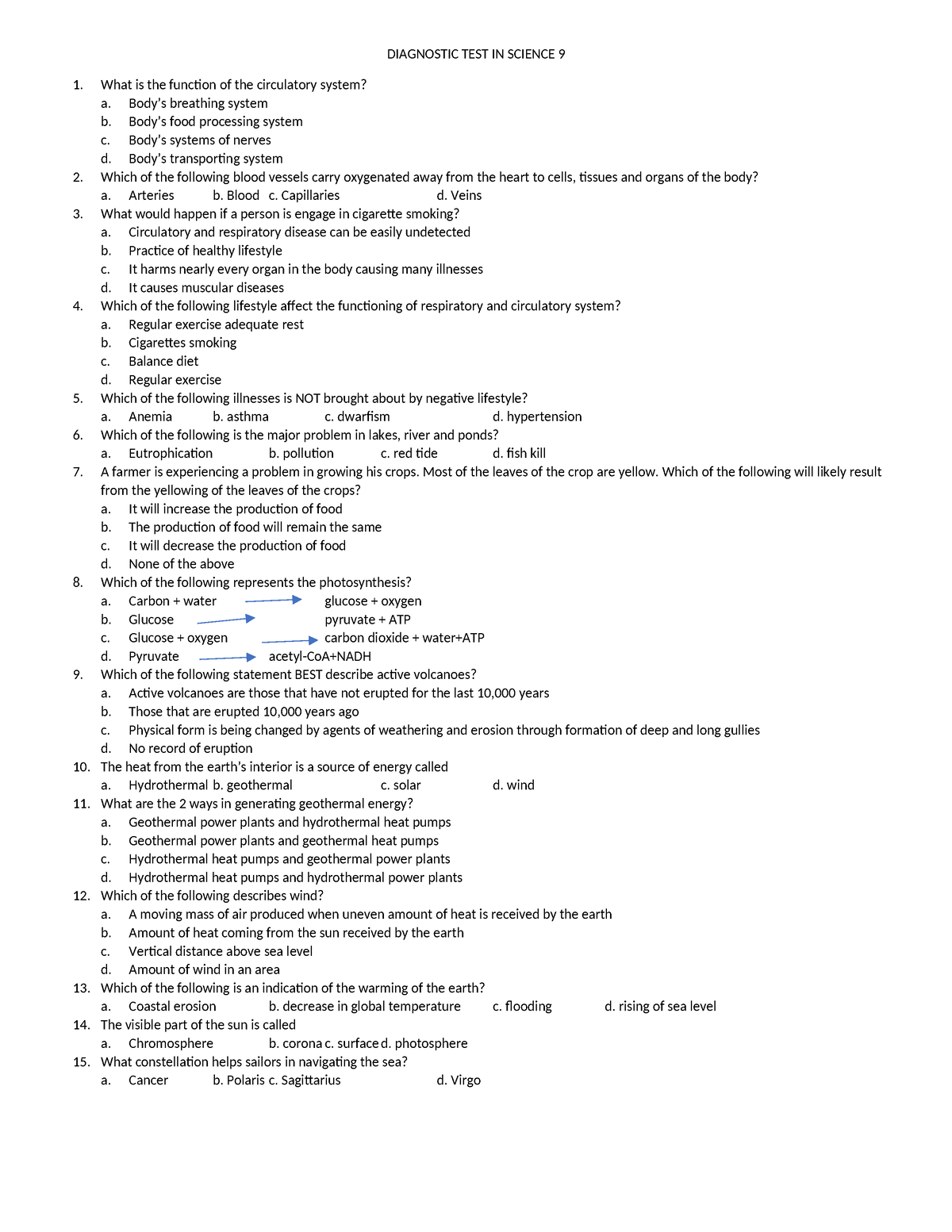 Diagnostic TEST IN Science 9 1st - DIAGNOSTIC TEST IN SCIENCE 9 What is ...