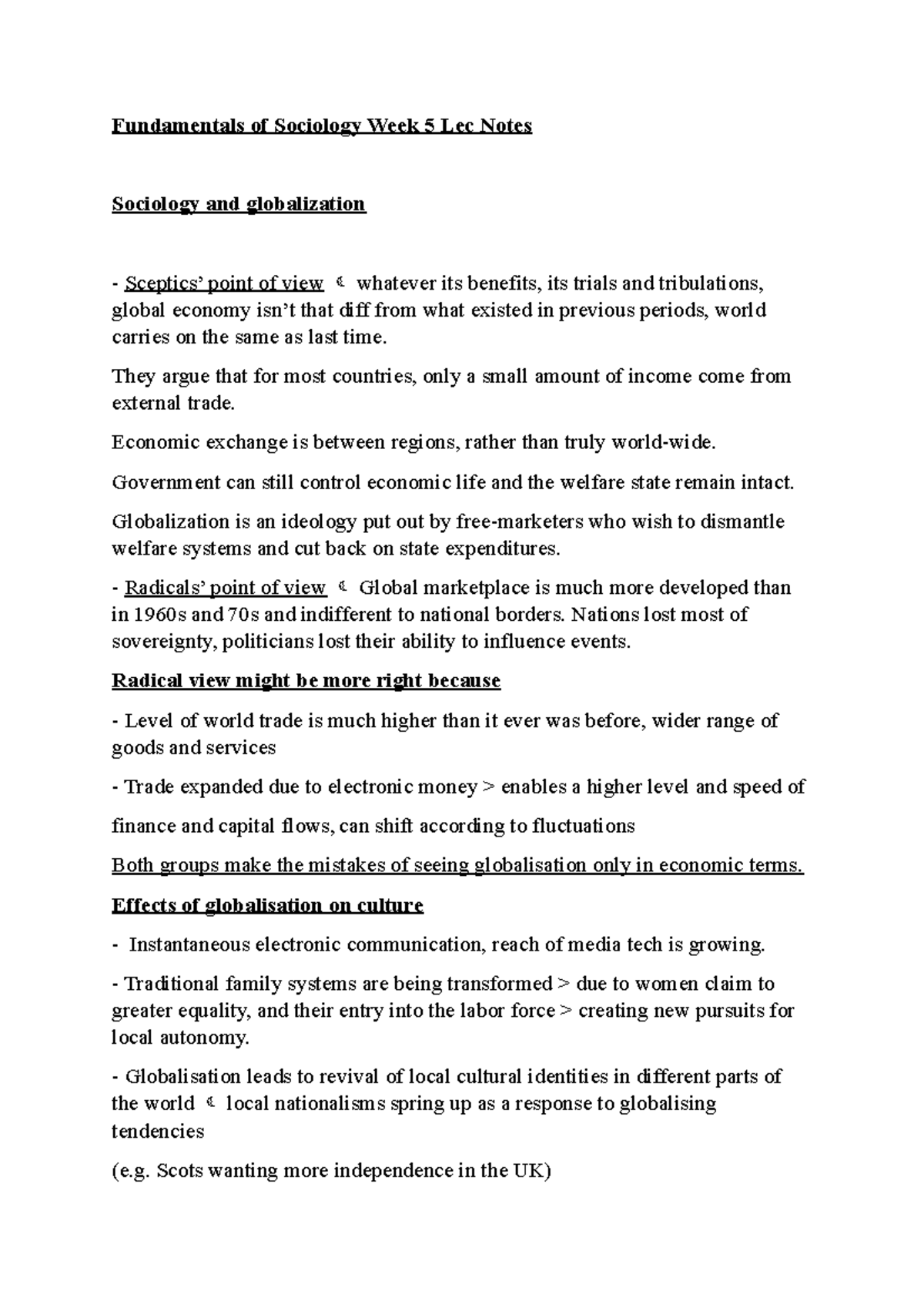 Fundamentals of Sociology Week 5 Lec Notes - They argue that for most ...