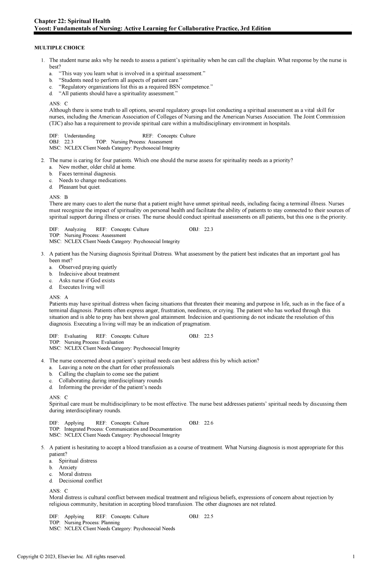 Exam View - Chapter 22 - Adaptive Quiz - Chapter 22: Spiritual Health ...