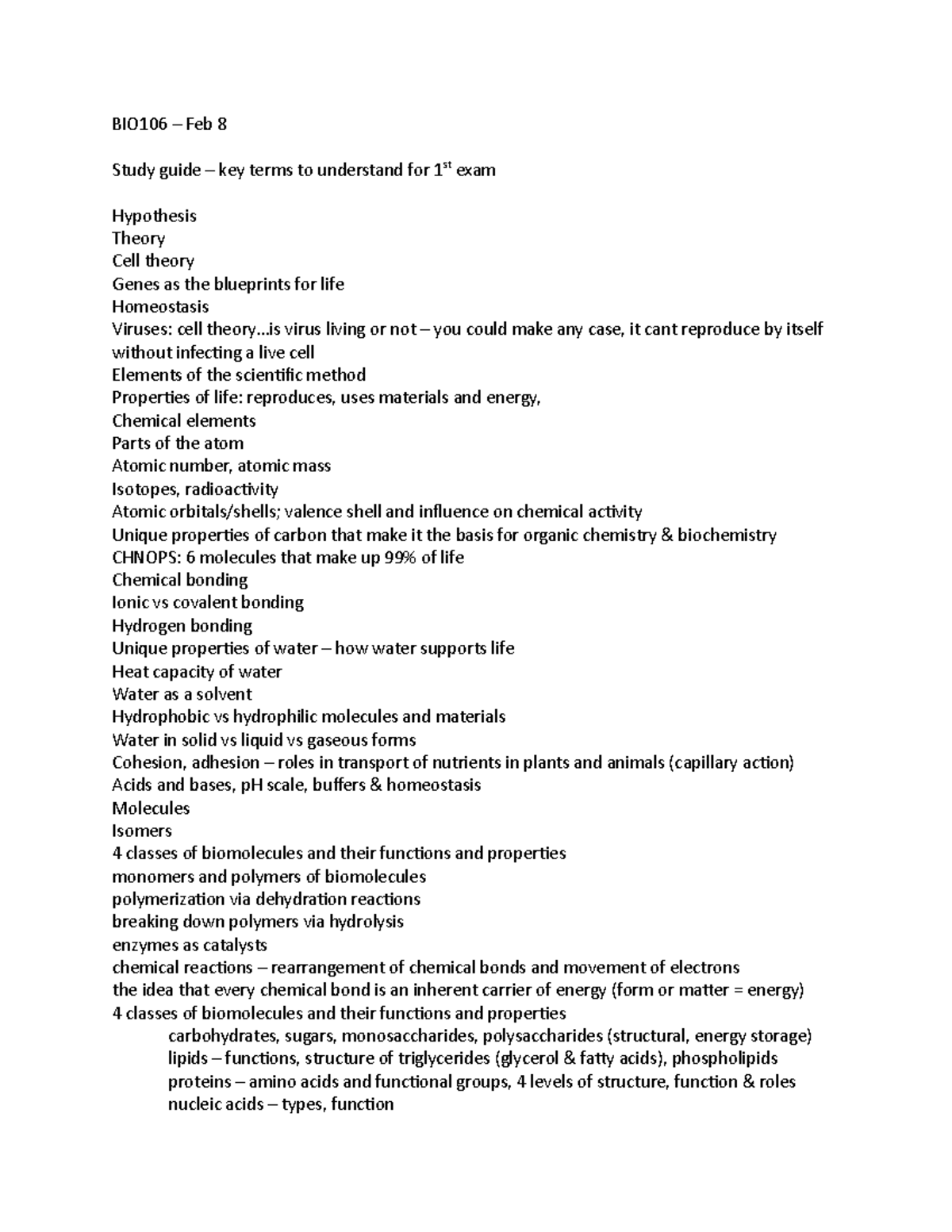 BIO 106 Exam One Study Guide - BIO106 – Feb 8 Study Guide – Key Terms ...