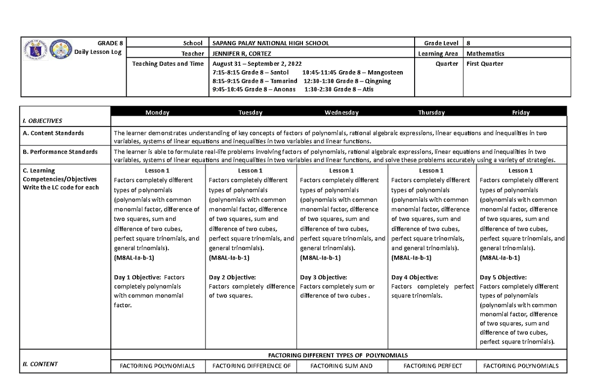 Week1 - Dll - ####### Grade 8 Daily Lesson Log School Sapang Palay 