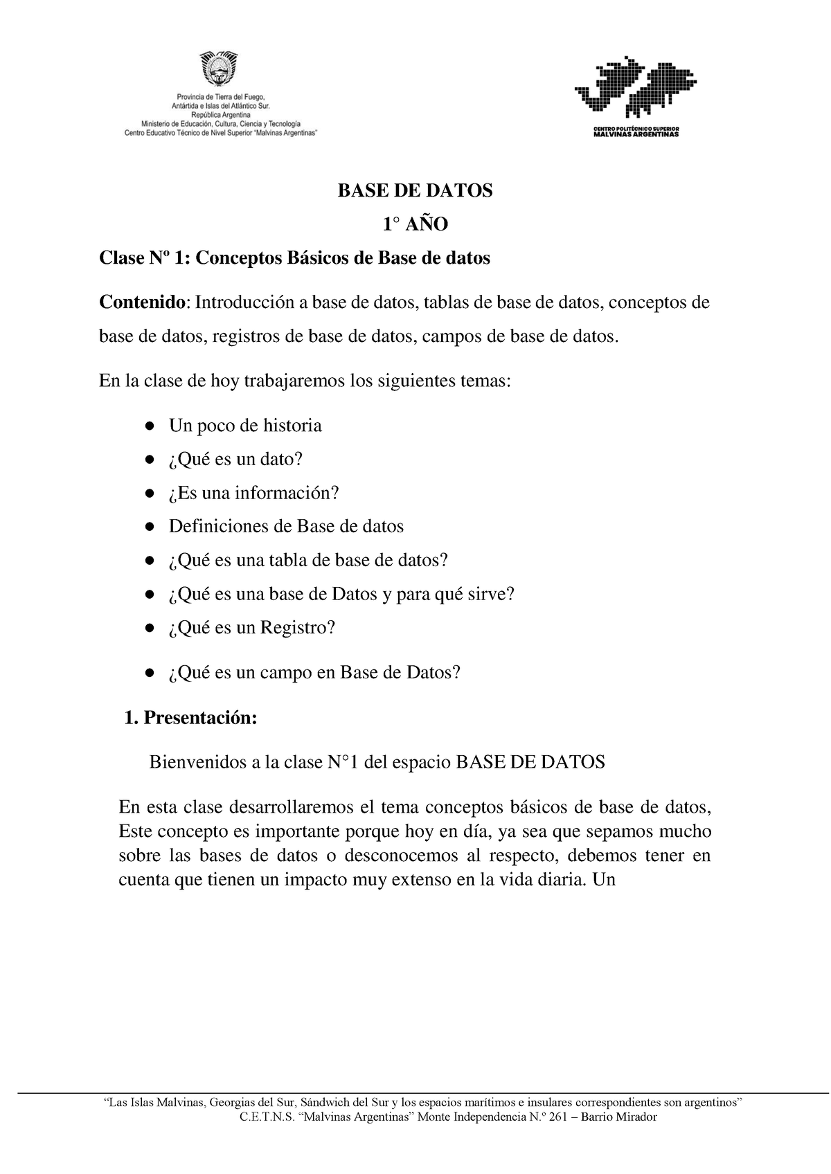 Clase 1-conceptos Basicos Base De Datos - BASE DE DATOS 1° AÑO Clase Nº ...