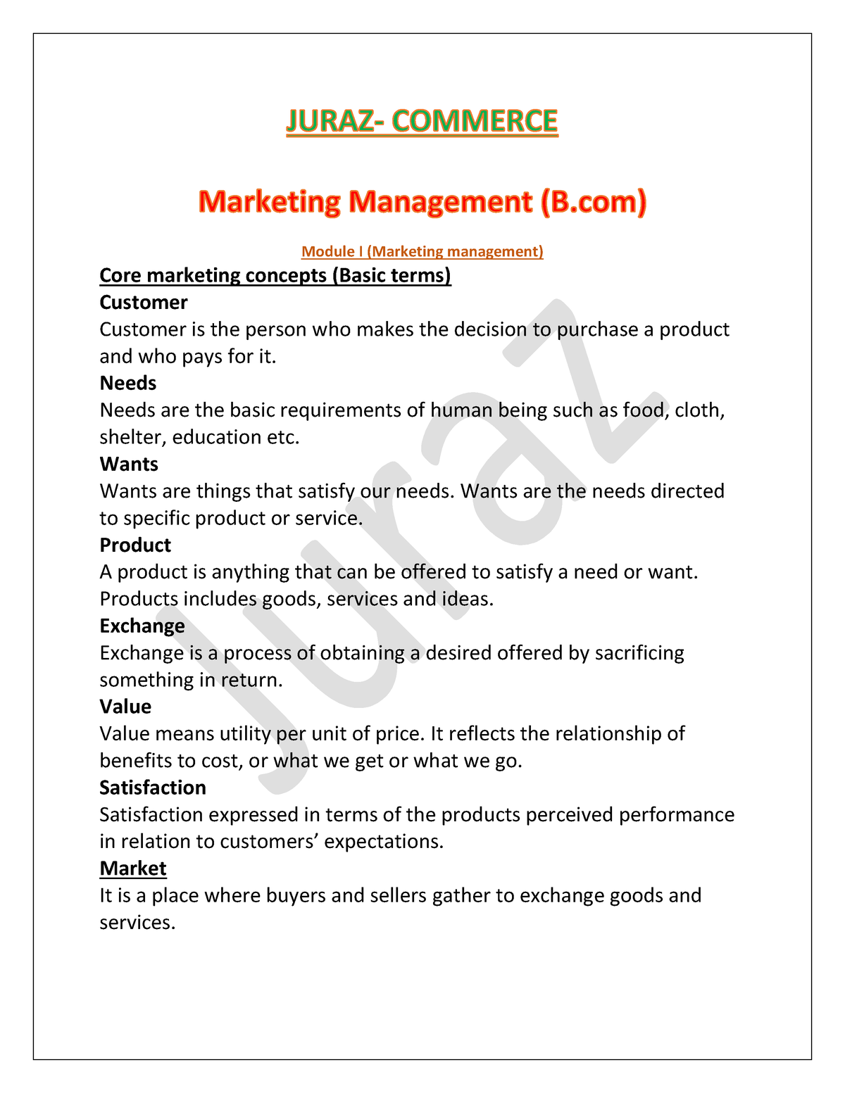 Marketing Management- Bcom- Full Module- Juraz - Module I (Marketing ...