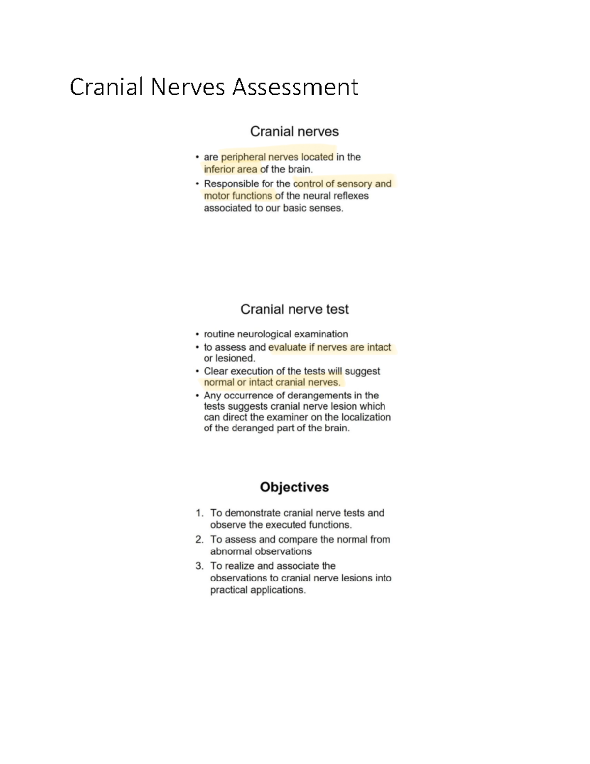 Cranial Nerves Assessment - Bs Biology - Studocu