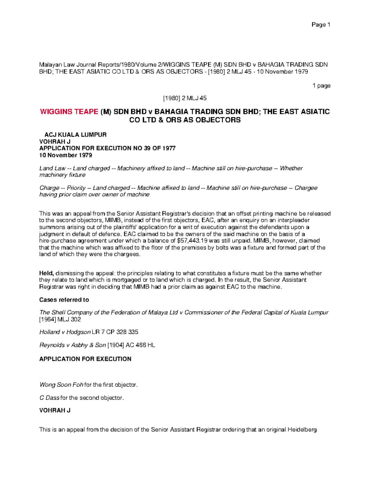 Wiggins Teape M Sdn Bhd V Bahagia Trading Malayan Law Journal Reports 1980 Volume 2 Wiggins Studocu