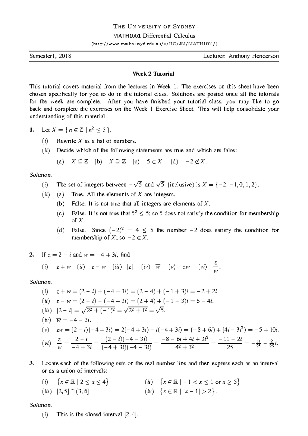 M1001ts02 - The University Of Sydney MATH1001Differential Calculus ...