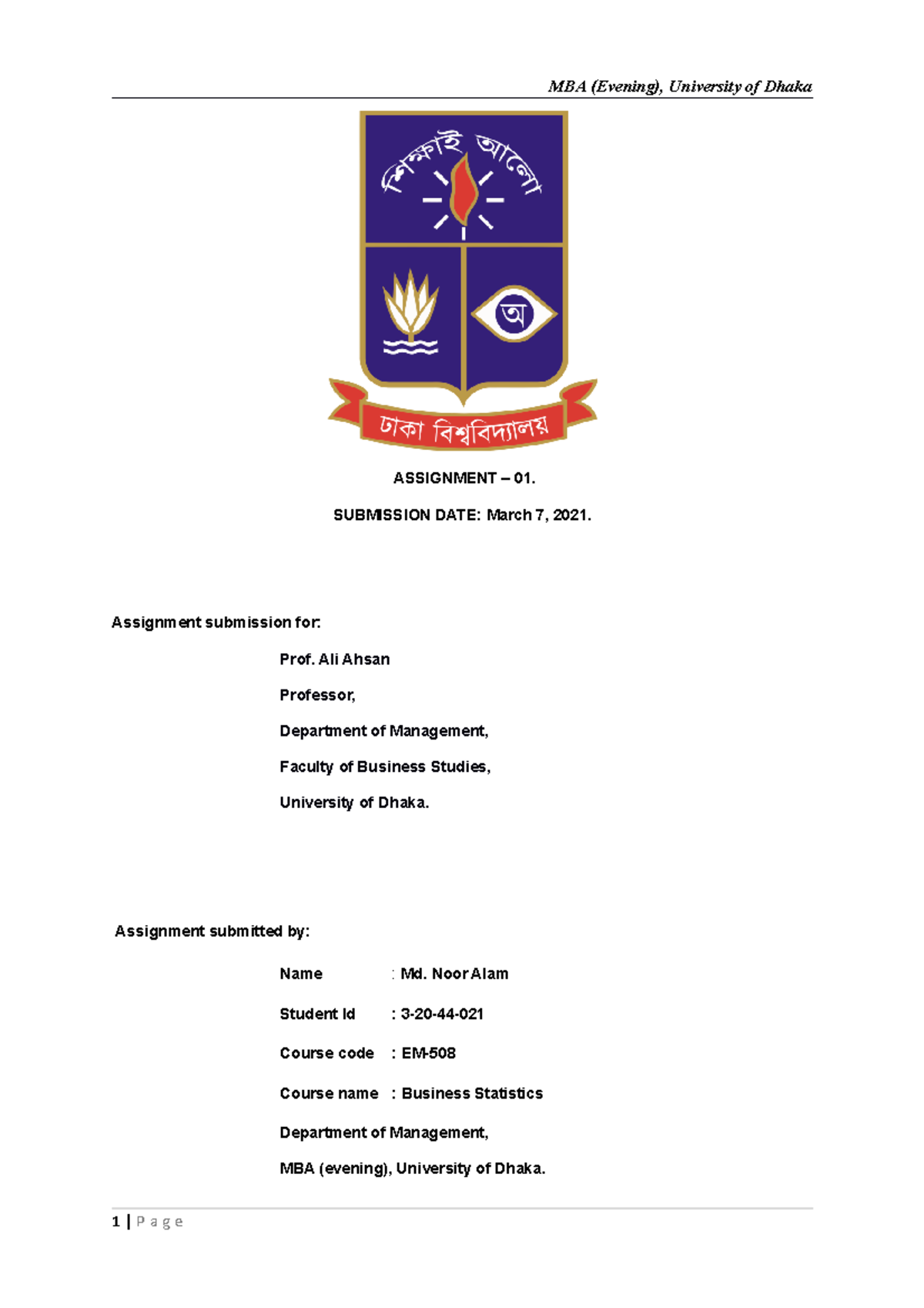 EMBA 44-021 - Assignment - ASSIGNMENT – 01. SUBMISSION DATE: March 7 ...