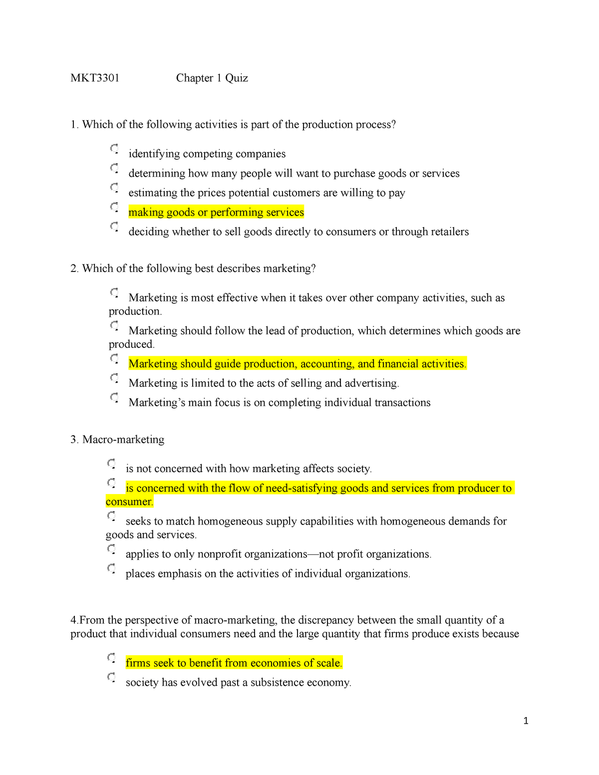 Chapter 1 Quiz Quizzes Mkt3301 Chapter 1 Quiz 1 Which Of The Following Activities Is Part 1541