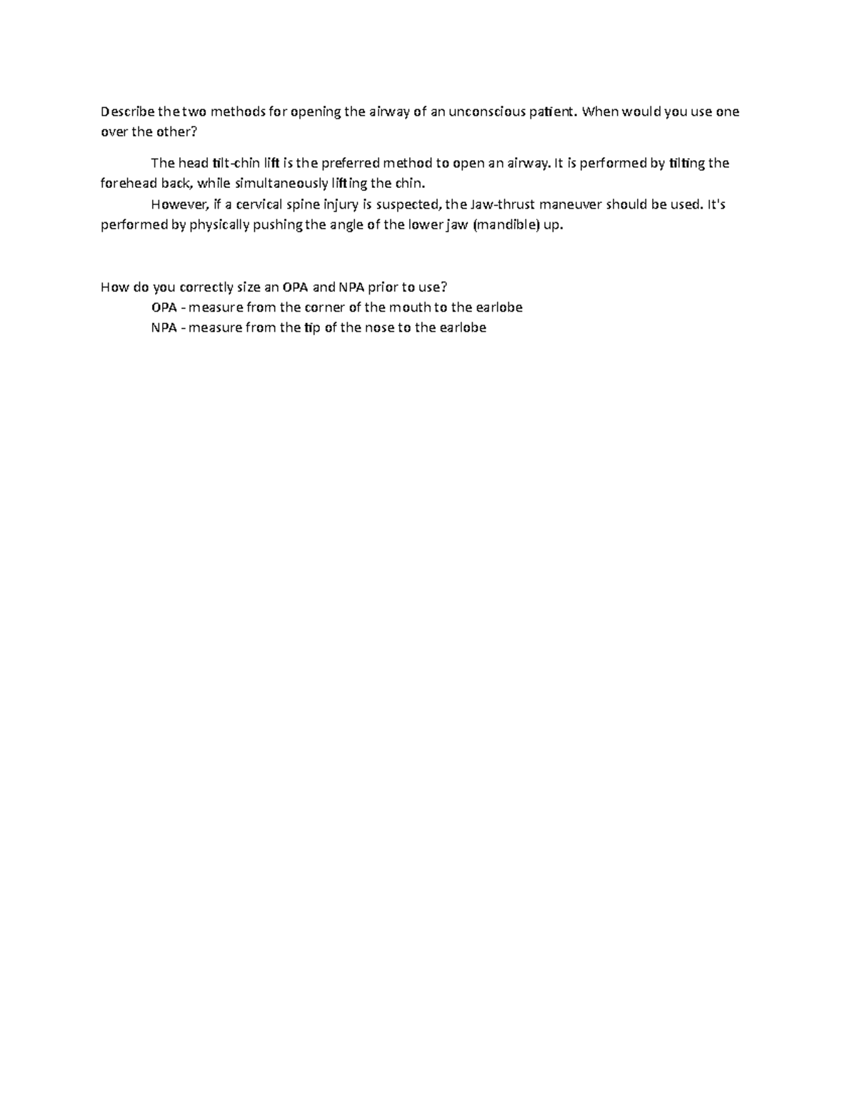 EMT Copy Notes From Class Describe The Two Methods For Opening The Airway Of An 