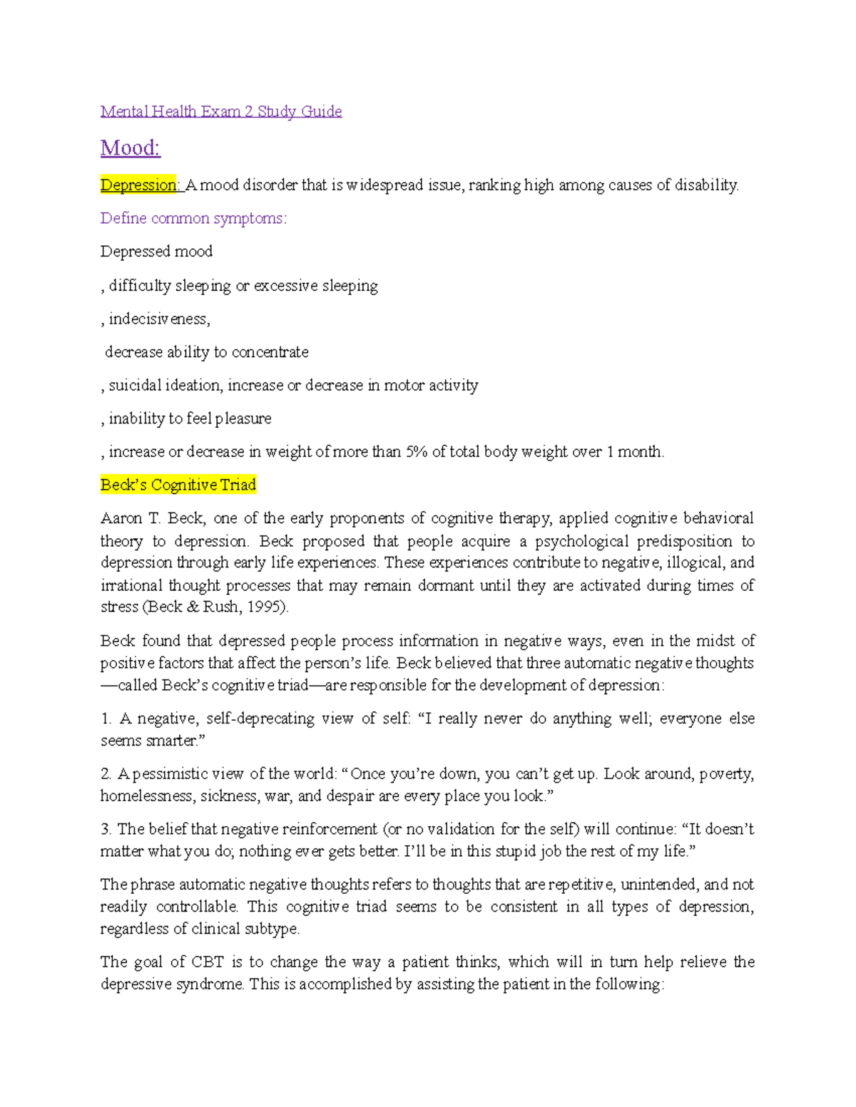 Mental Health Exam 2 Study Guide Mental Health Exam 2 Study Guide