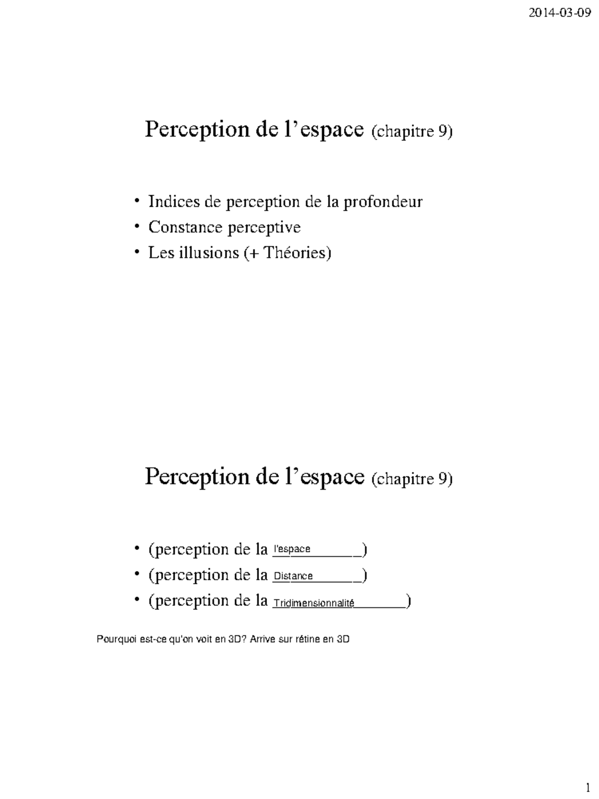 Chapitre 7 (Espace) - Étudiants 2pp - Perception de l’espace (chapitre ...