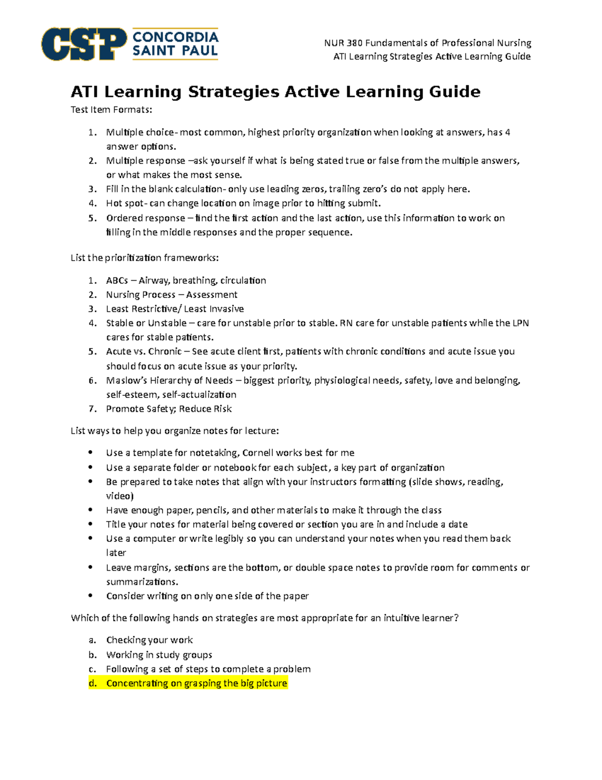 NUR 380 ATI Learning Strategies Active Learning Guide - NUR 380 ...