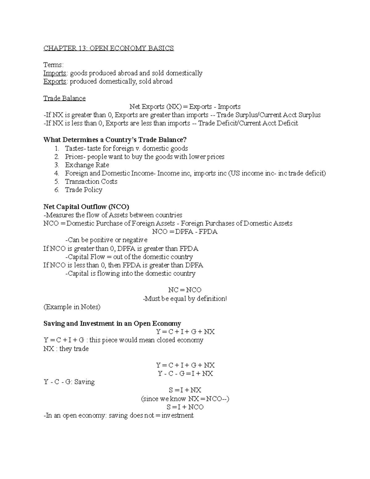 ECON 203 Chapter 13 Notes - CHAPTER 13: OPEN ECONOMY BASICS Terms ...