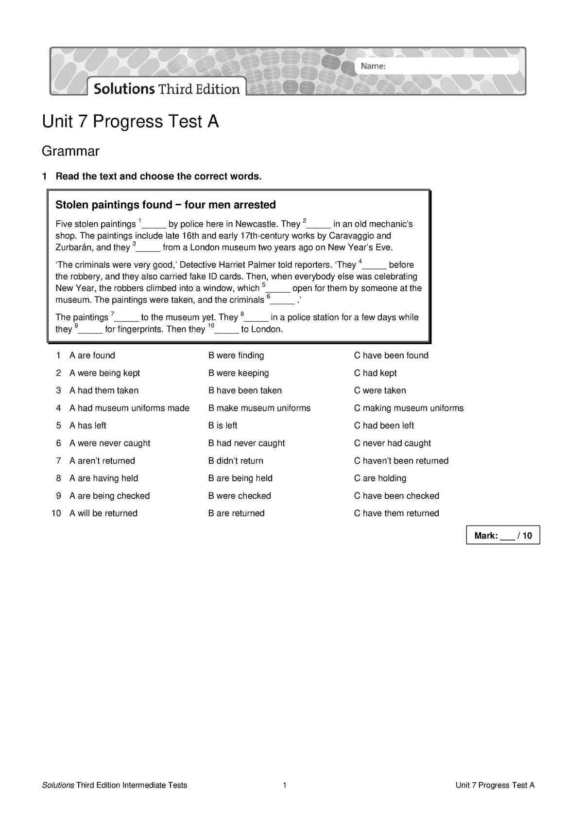 Sol3e Int U7 Progress Test A - Unit 7 Progress Test A Grammar 1 Read ...