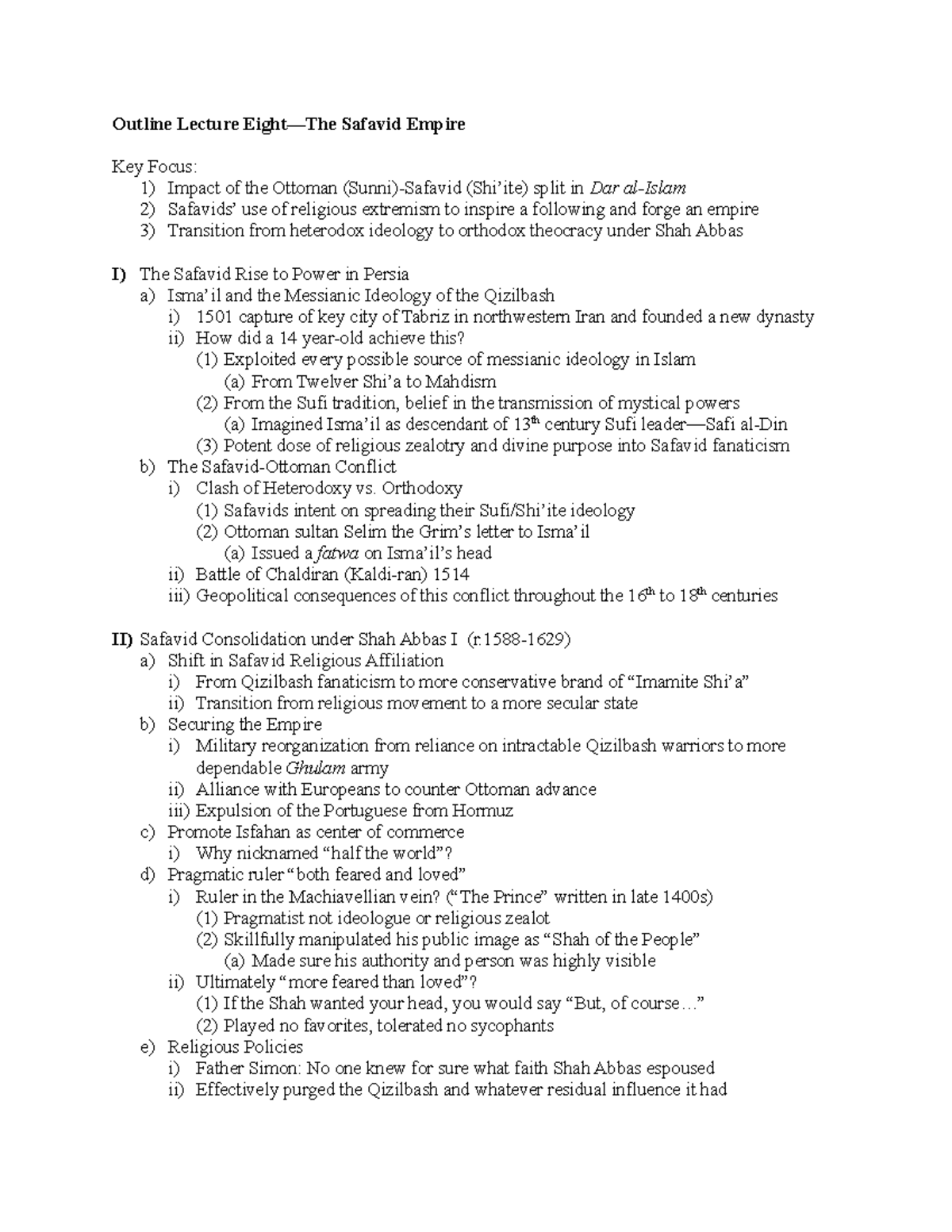 Outline Lecture Eight—The Safavid Empire Outline Lecture Eight—The