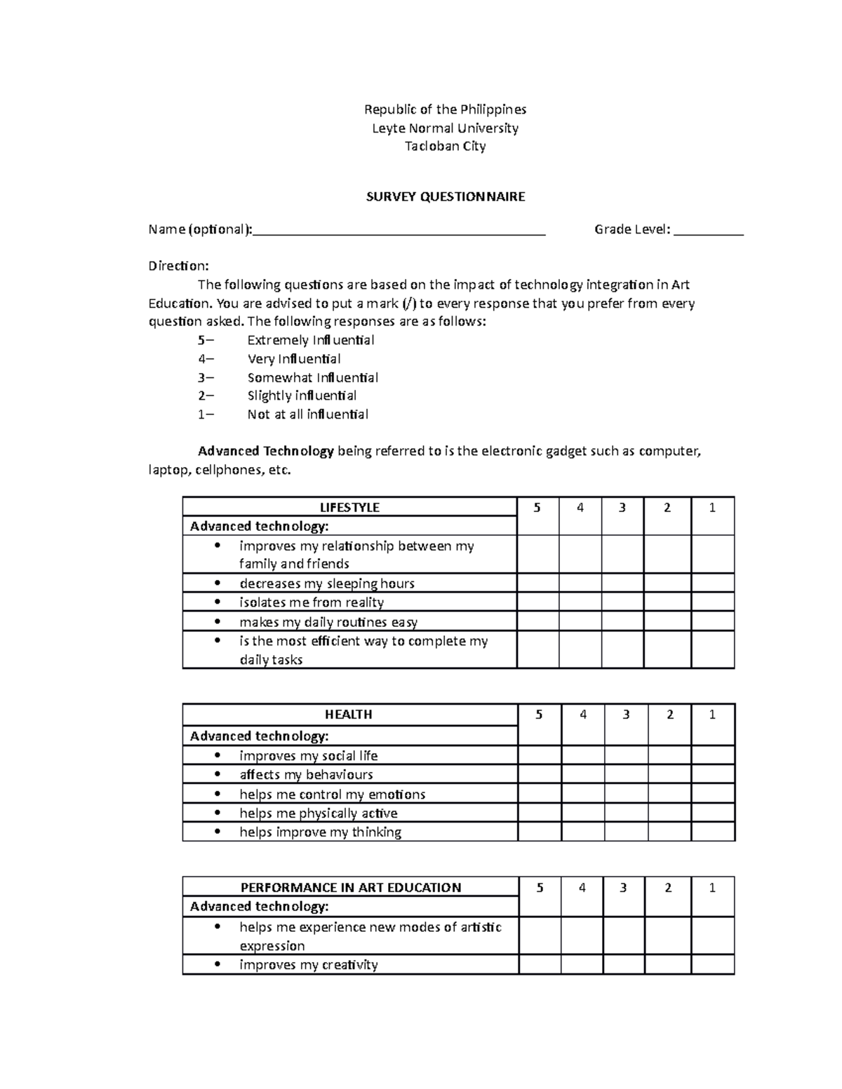 Questionnaire - Republic of the Philippines Leyte Normal University ...