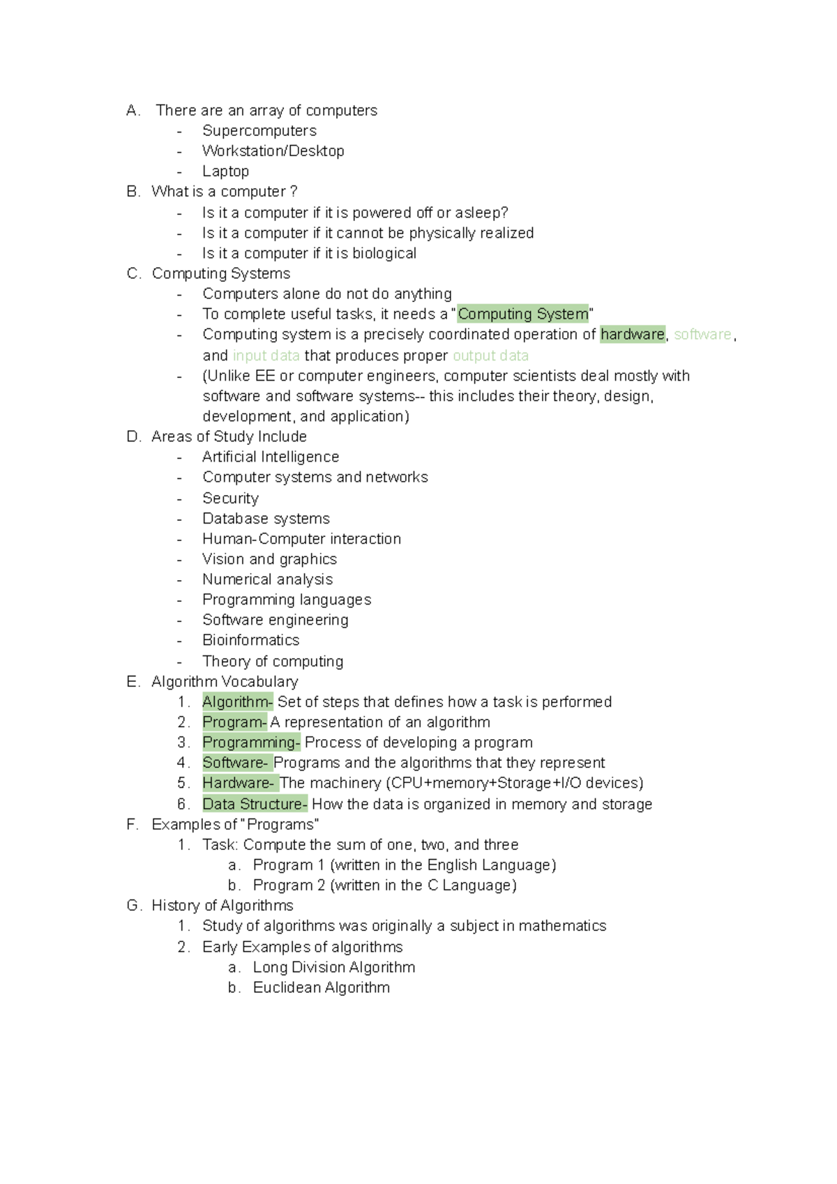 History Outline of CS Definition - A. There are an array of computers ...