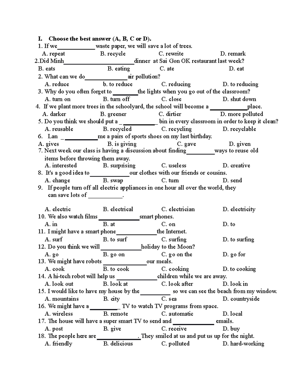 Lớp 6 - Bài tập cho Tiếng anh lớp 6 - I. Choose the best answer (A, B ...