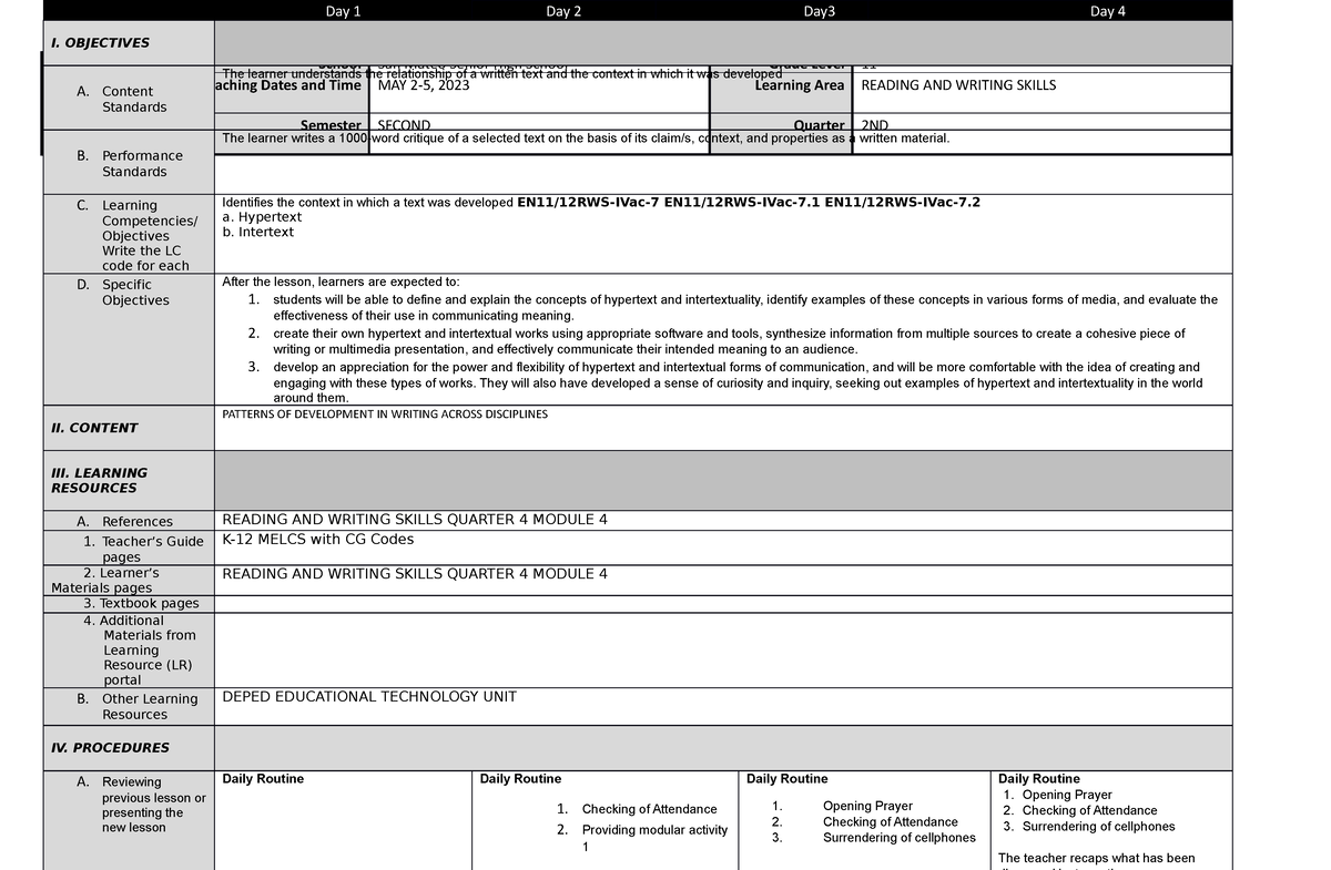 DLL Q4 WEEK 1 Reading AND Writing - Grades 11 / 12 DAILY LESSON PLAN ...