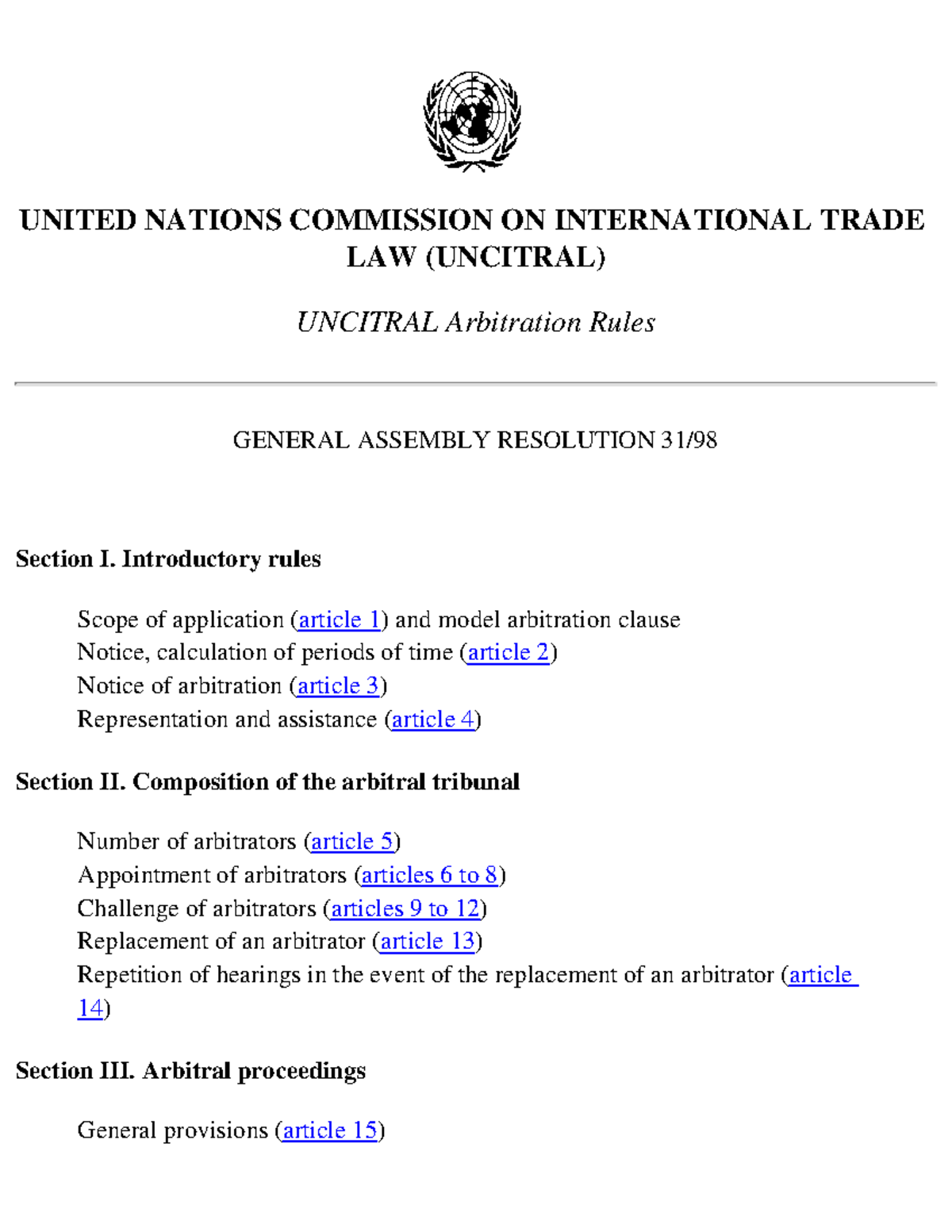 Arbrules rules rules UNITED NATIONS COMMISSION ON INTERNATIONAL