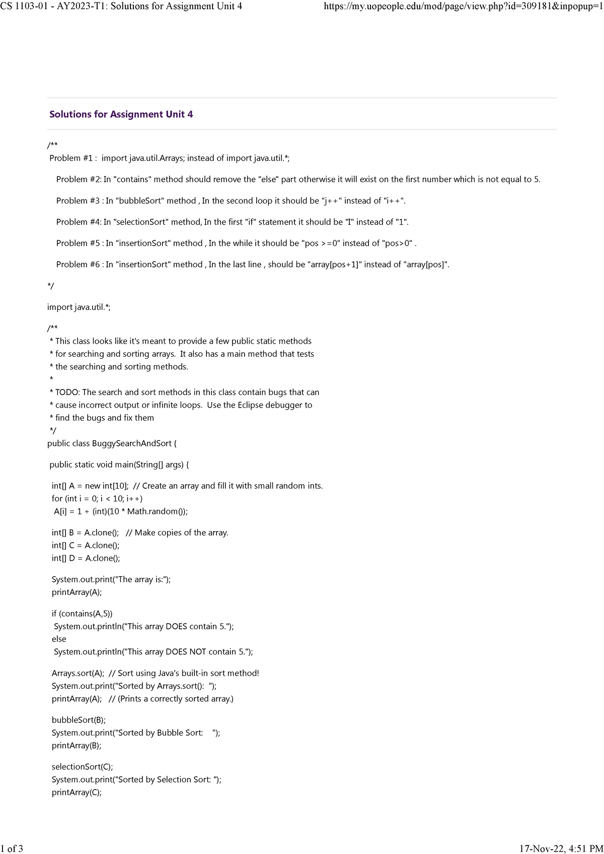 CS 1103-01 - AY2023-T1 Solutions For Assignment Unit 4 - Solutions For ...