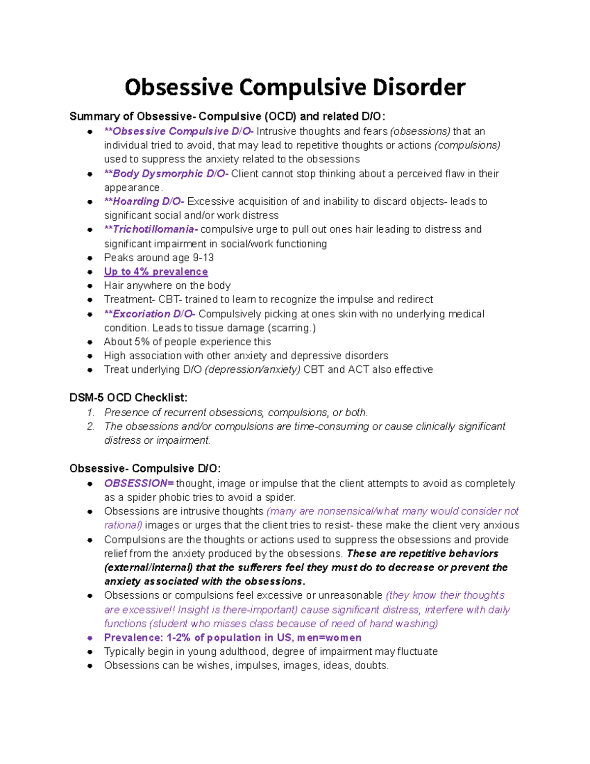 PSYC 302 OCD Disorders - Taught by Linda Kirsch. Lecture notes go over ...