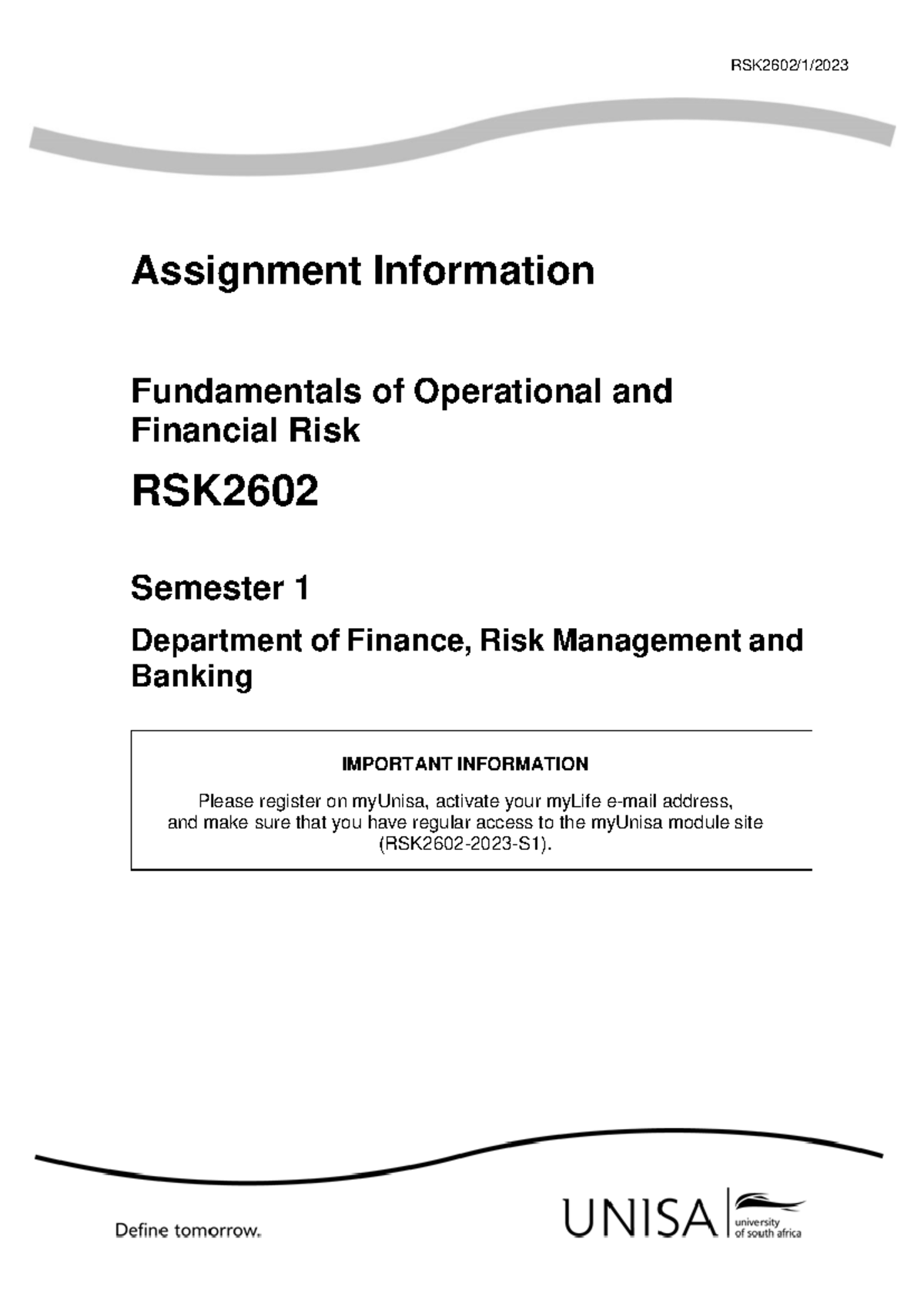 RSK2602 2023 Assessment 01 Info S1 - RSK260 2 / 1 / 2023 Assignment ...