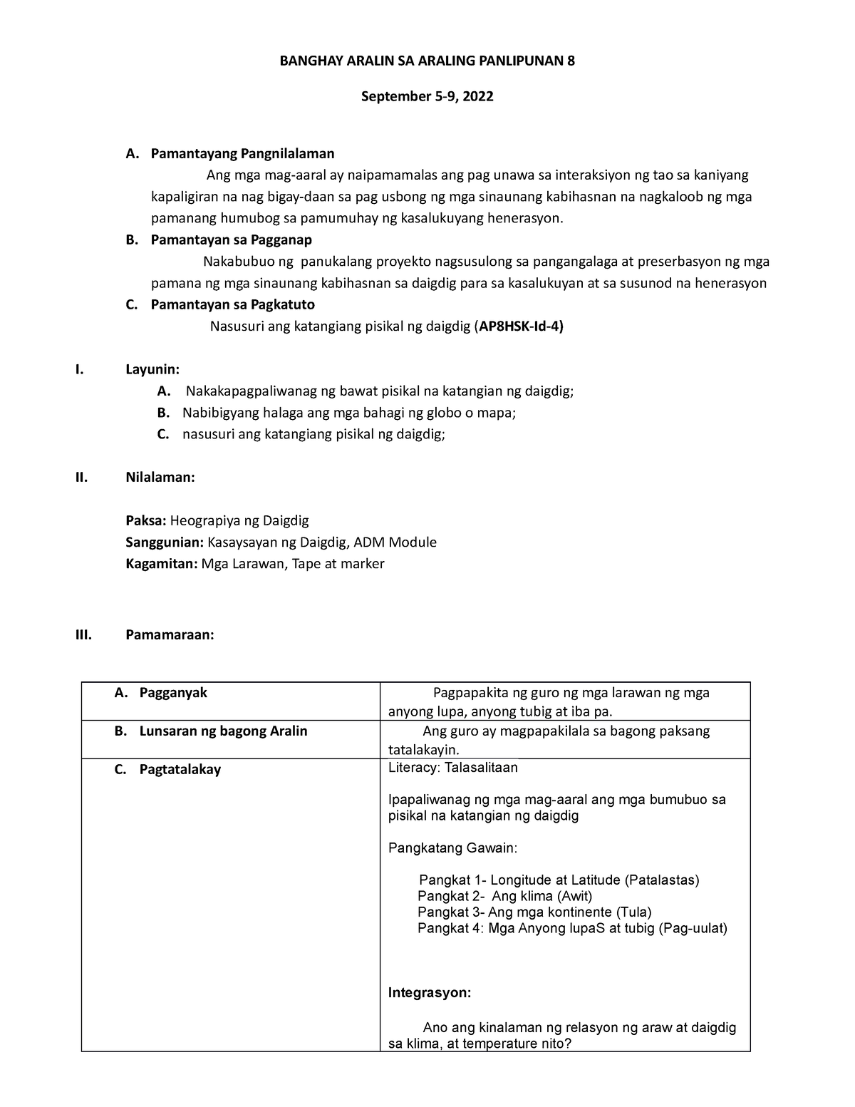 LP 8 - Lesson Plan Araling Panlipunan 8 - BANGHAY ARALIN SA ARALING ...