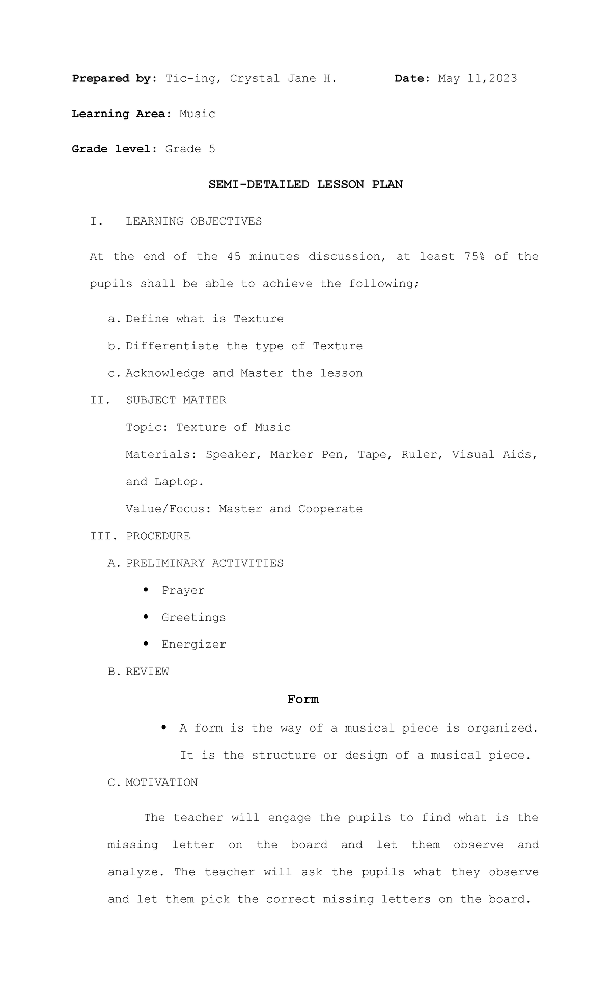 Tic-ing lesson plan final plan in ED109 - Prepared by: Tic-ing, Crystal ...