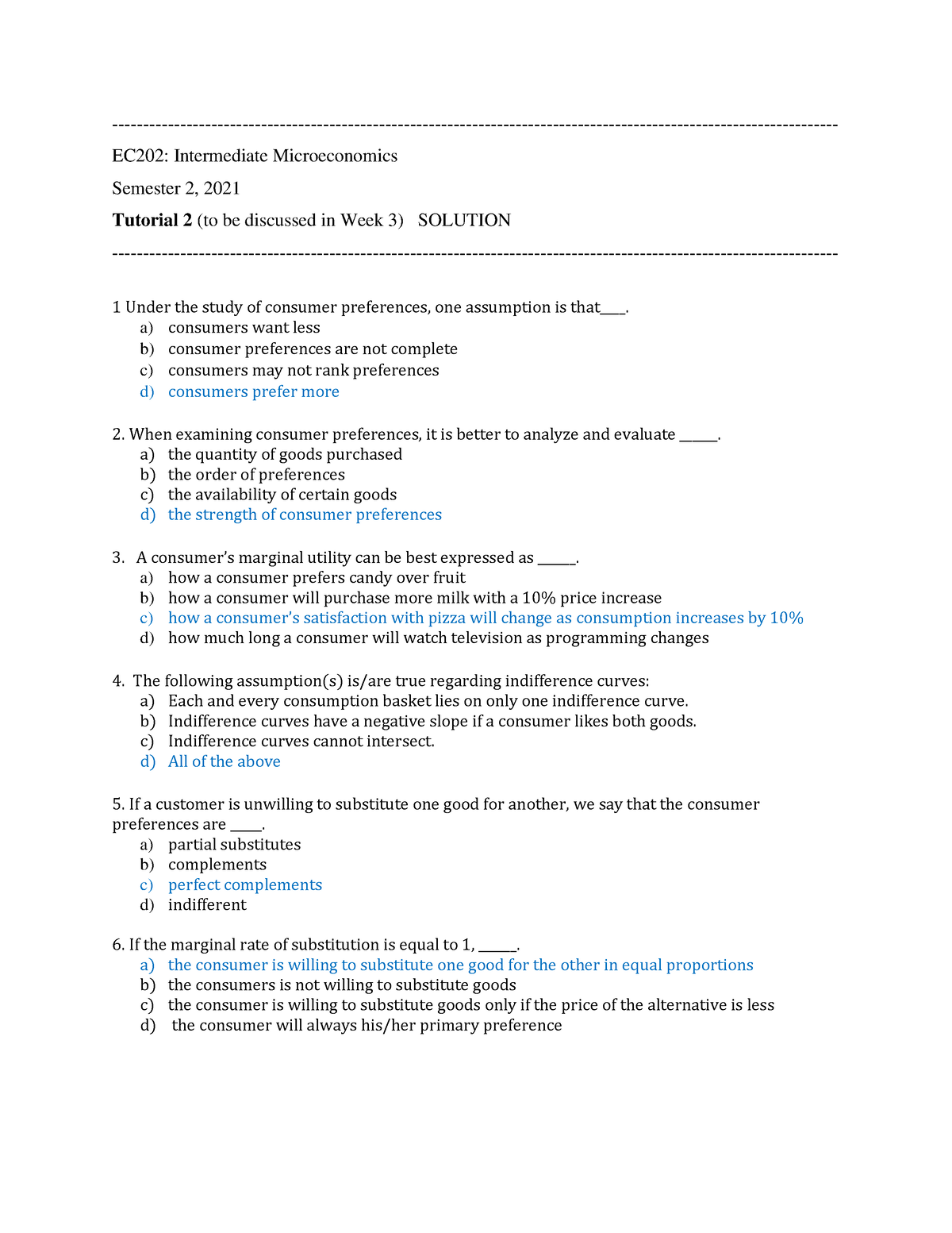 EC202 Tutorial 2 Solution - EC202: Intermediate Microeconomics Semester ...