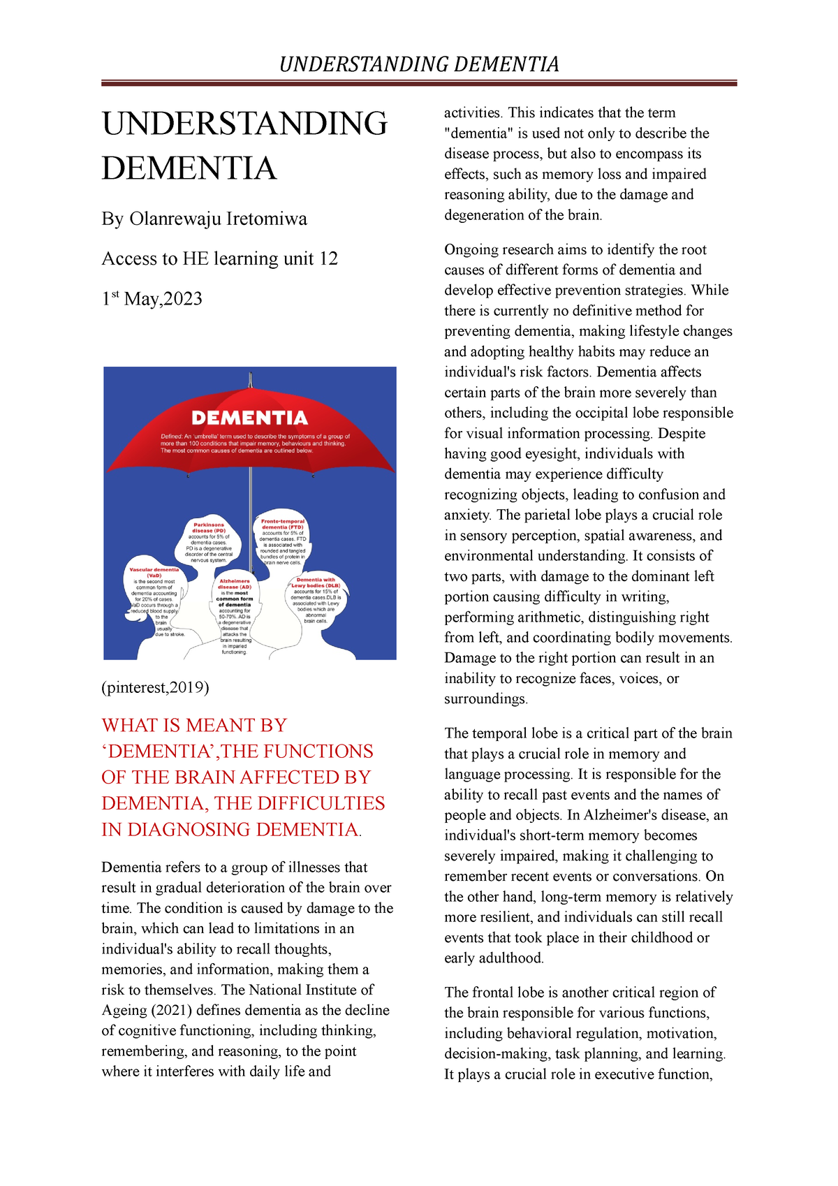 Understanding Dementia Unit 12 - UNDERSTANDING DEMENTIA By Olanrewaju ...