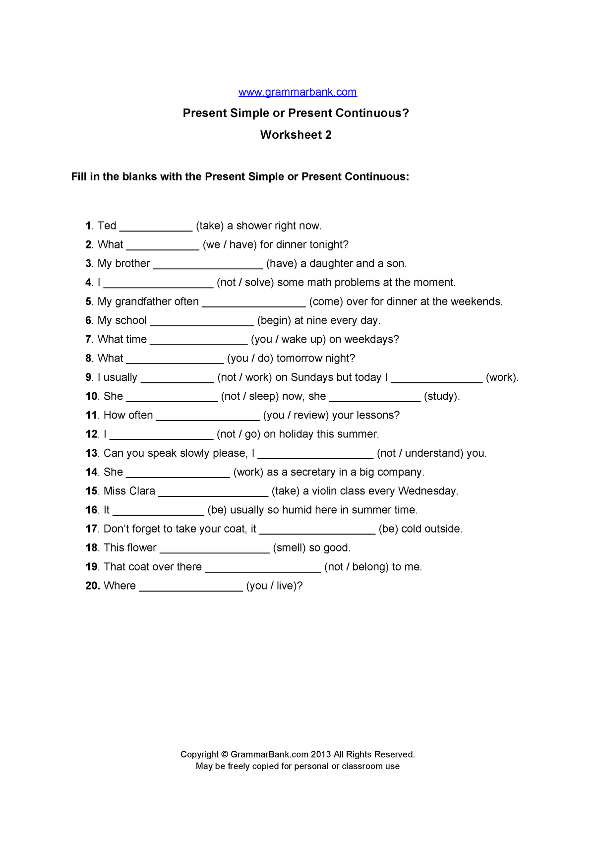 Present Simple Vs Present Continuous Worksheet 2 Present Simple Or Present Grammarbank 