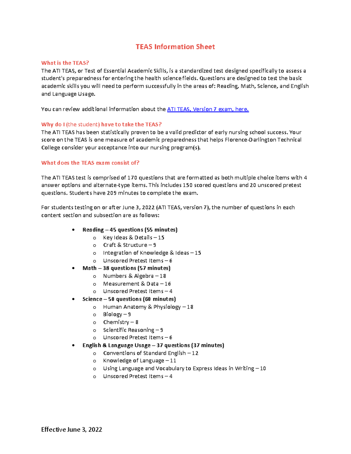 Teasinformationsheet7thedition 62022 Effective June 3, 2022 TEAS