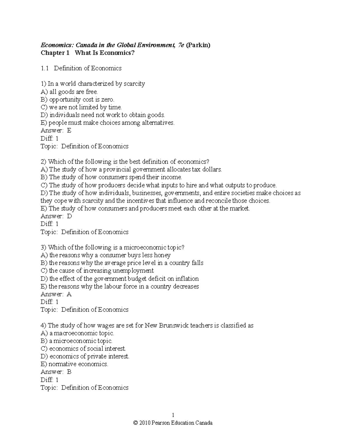 ECON1021 - Chapter 1 Test Bank - 2019 - Economics: Canada In The Global ...