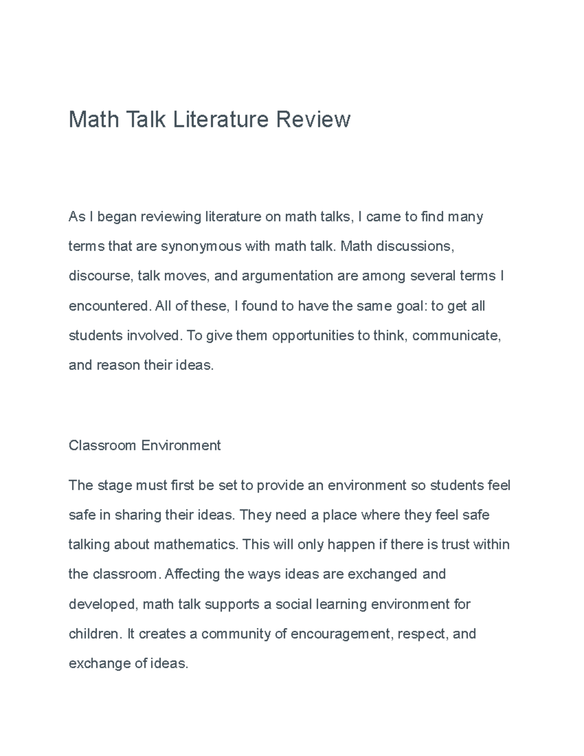 Math Talk Literature Review - Math discussions, discourse, talk moves ...