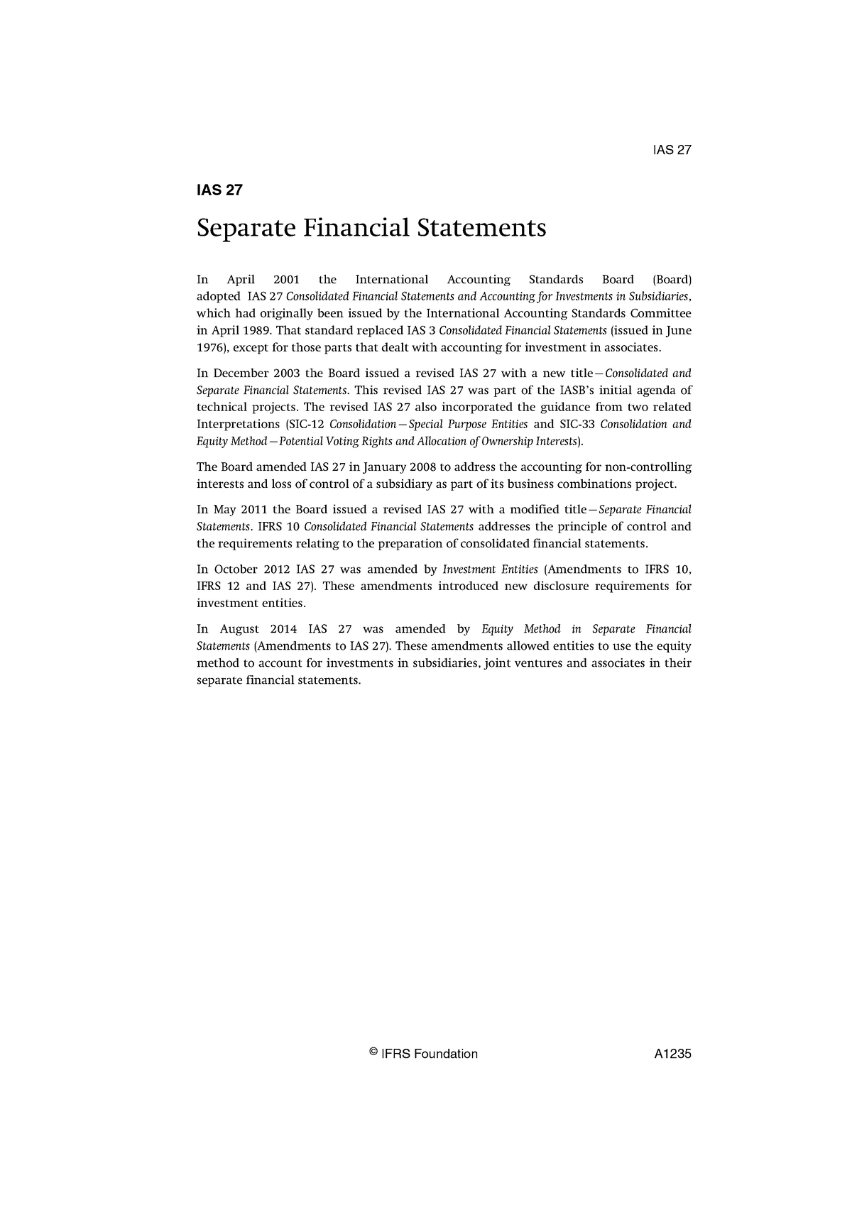 IAS27 - IAS 27 Separate Financial Statements In April 2001 The ...