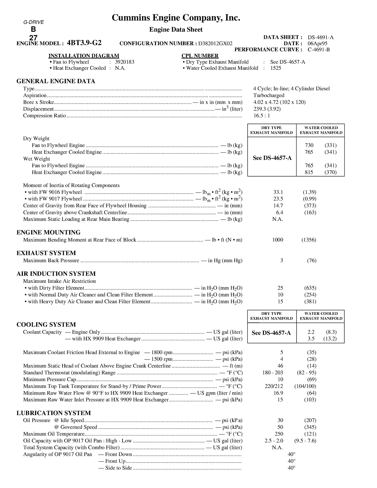 FR0005100 - G-DRIVE B 27 Cummins Engine Company, Inc. Engine Data Sheet ...