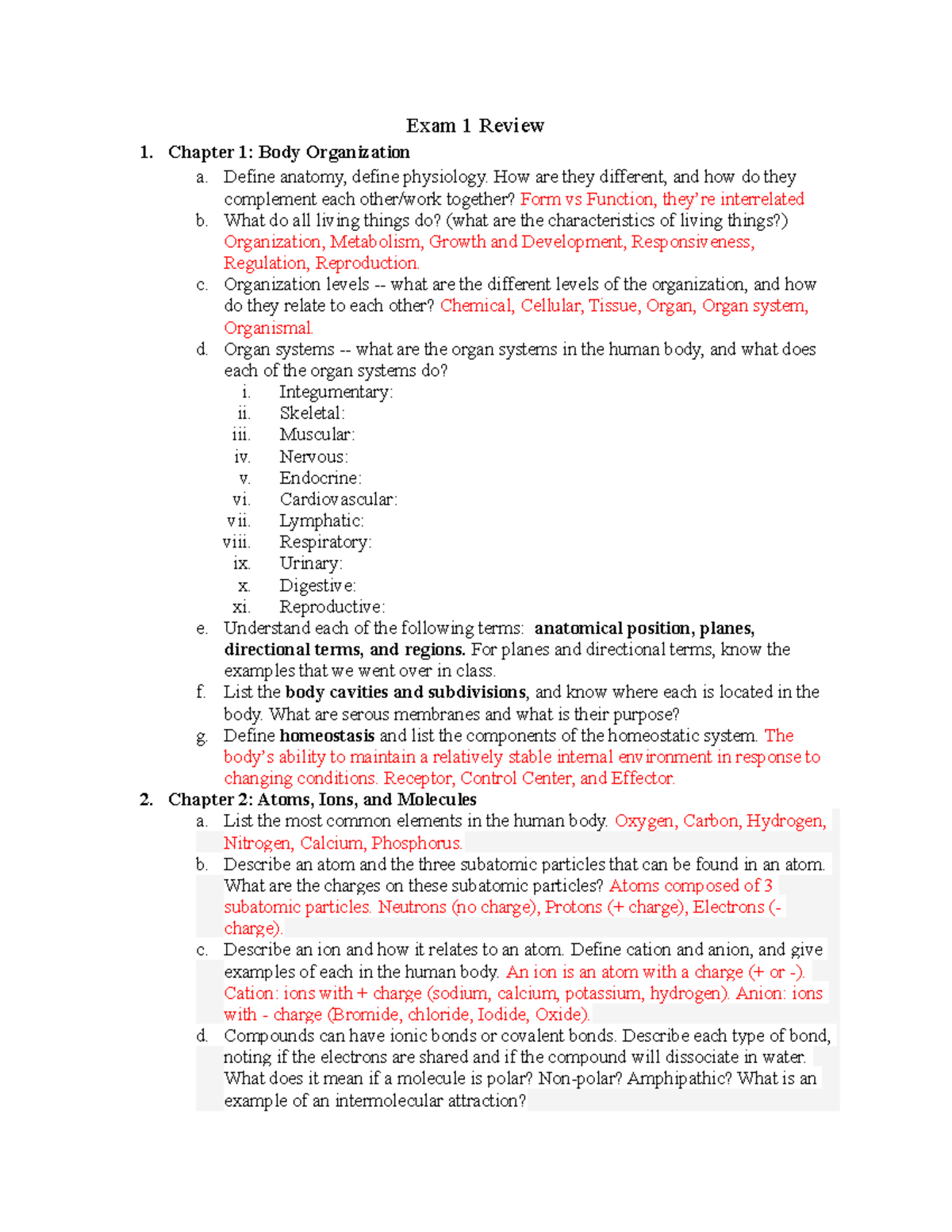 Anatomy Exam 1 Review - Study Notes - Exam 1 Review 1. Chapter 1: Body ...