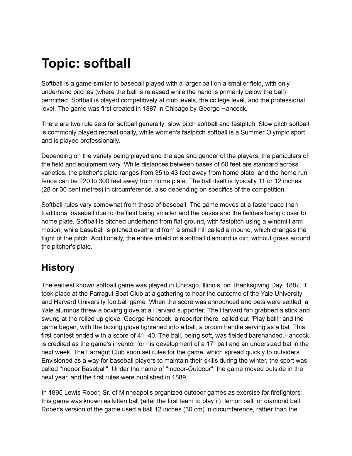 informative essay on softball