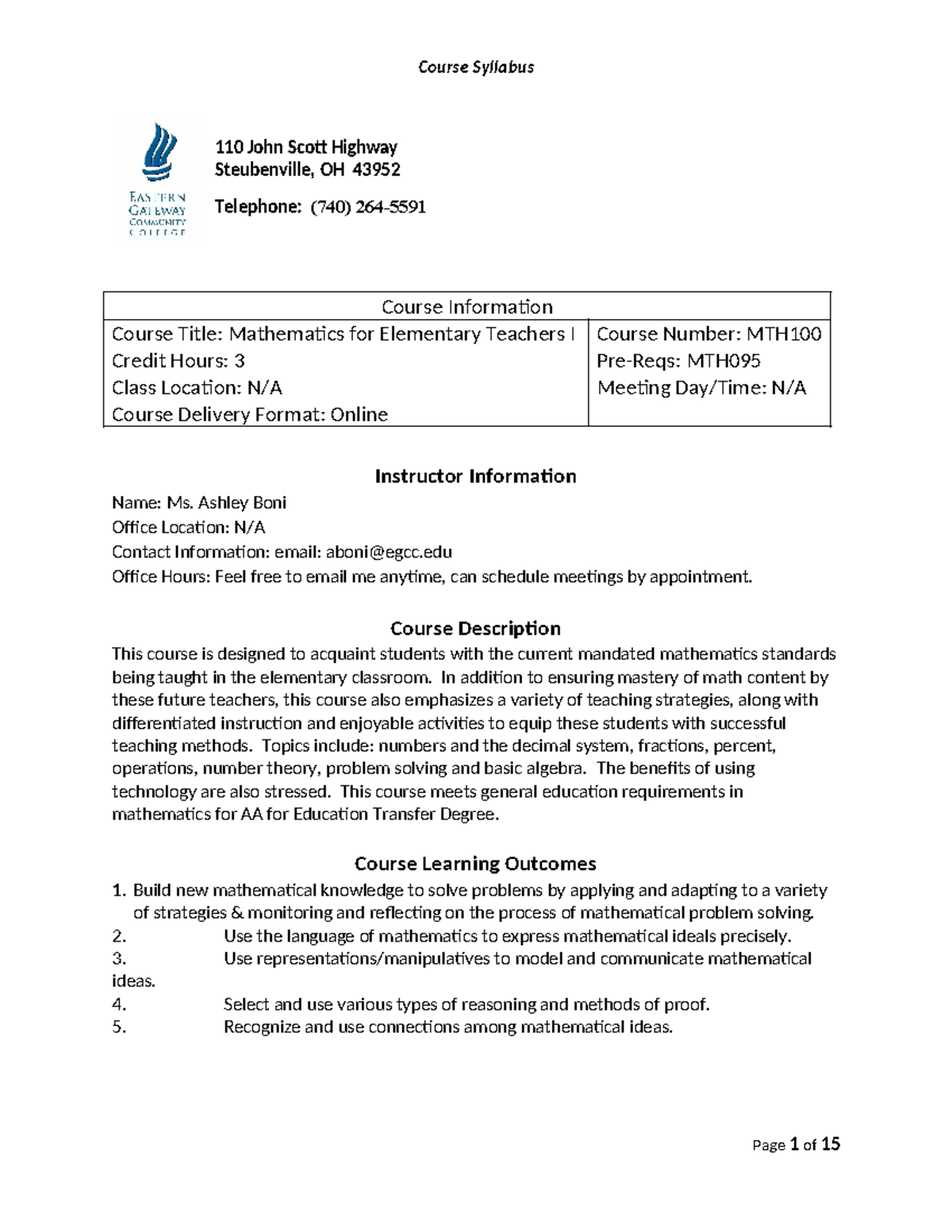 MTH100 Mathematics for Elementary Teachers I Syllabus - Spring 2021-1 ...