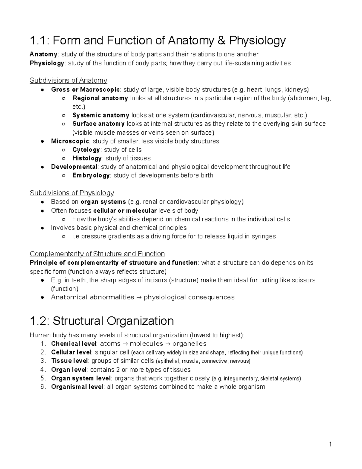 W1, L1 Chapter 1 - 1: Form and Function of Anatomy & Physiology Anatomy ...