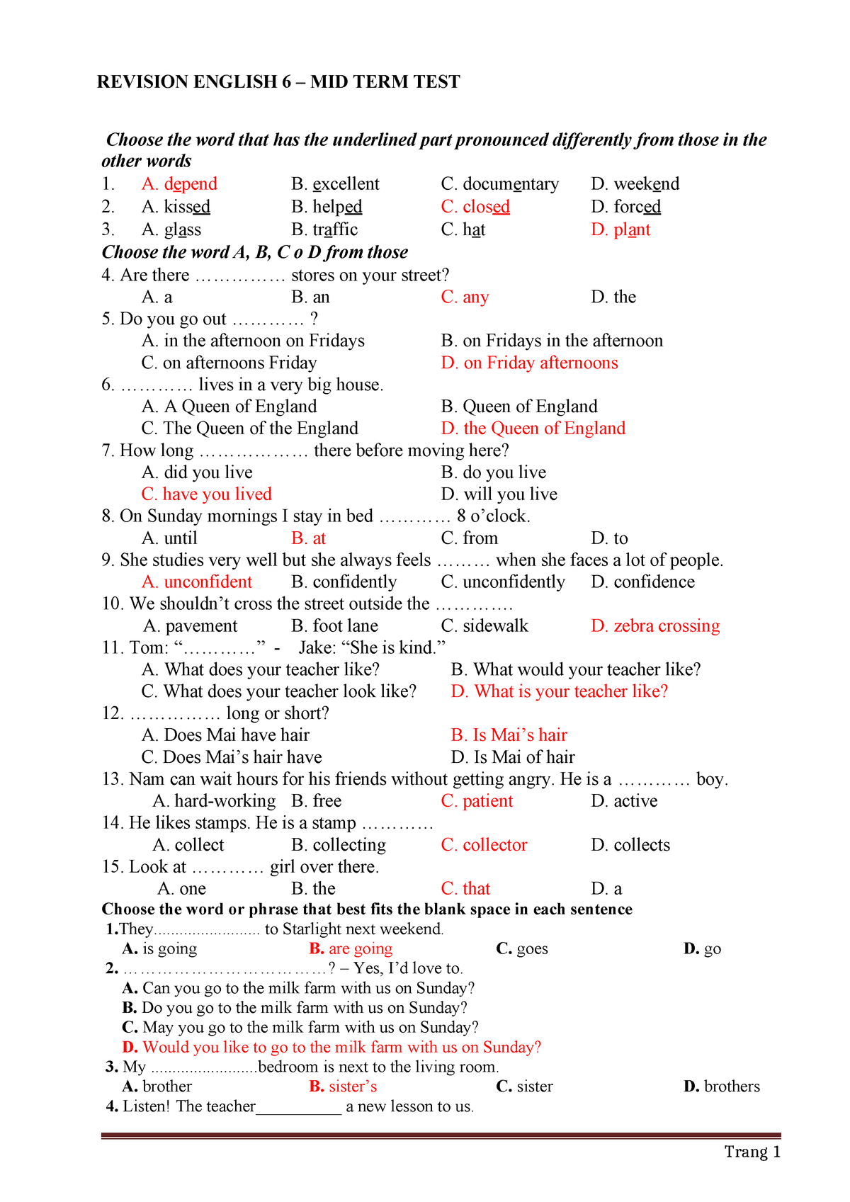 Bai Tap Tieng Anh 6 - REVISION ENGLISH 6 – MID TERM TEST Choose The ...