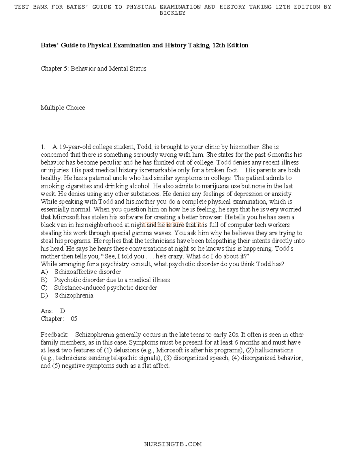 Bates 12th Edition Chapter 5 Practice Questions N U R S I N G T B. C