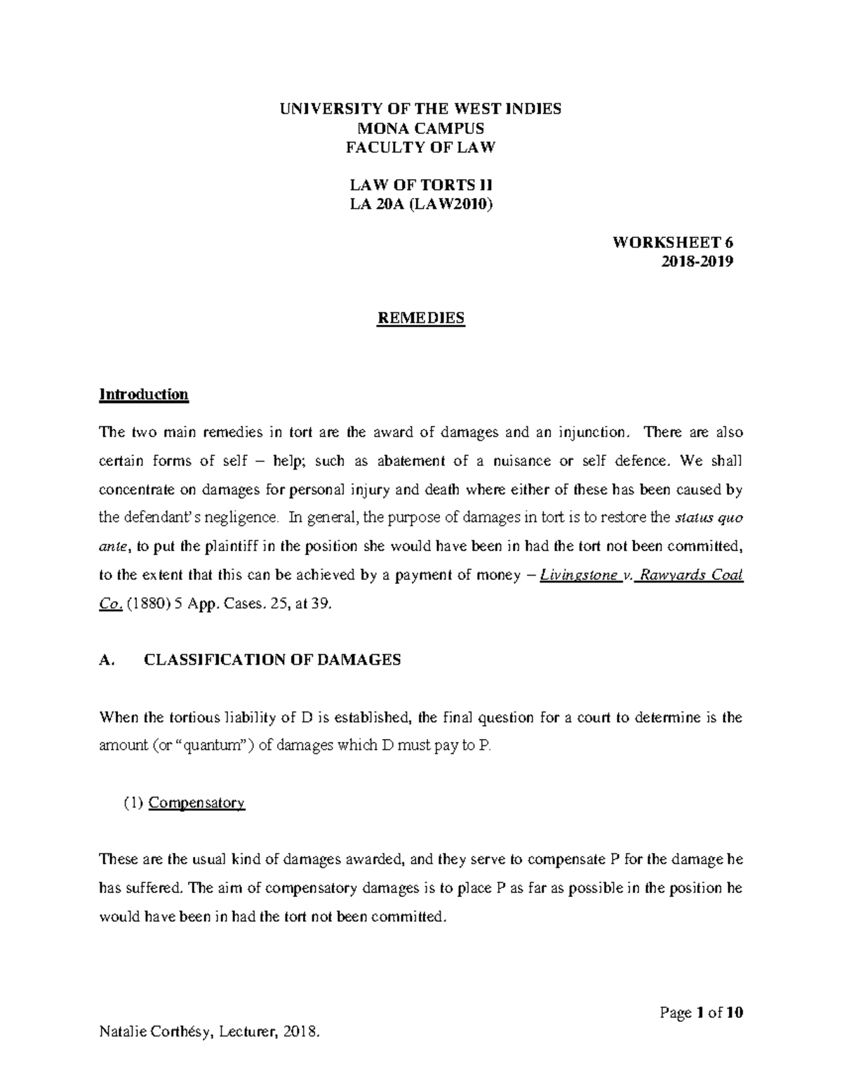 Tort Ii Worksheet 6 2018 Page 1 Of 10 University Of The West Indies Mona Campus Faculty Of Law 1363