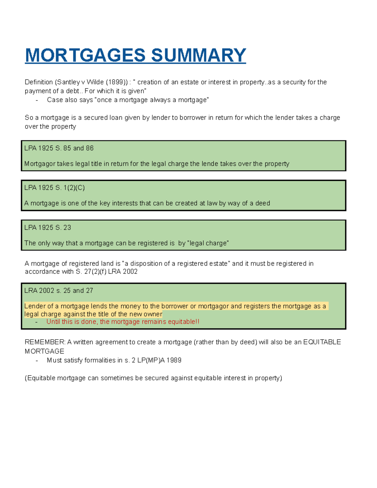 Mortgages Summary - MORTGAGES SUMMARY Definition (Santley v Wilde (1899 ...