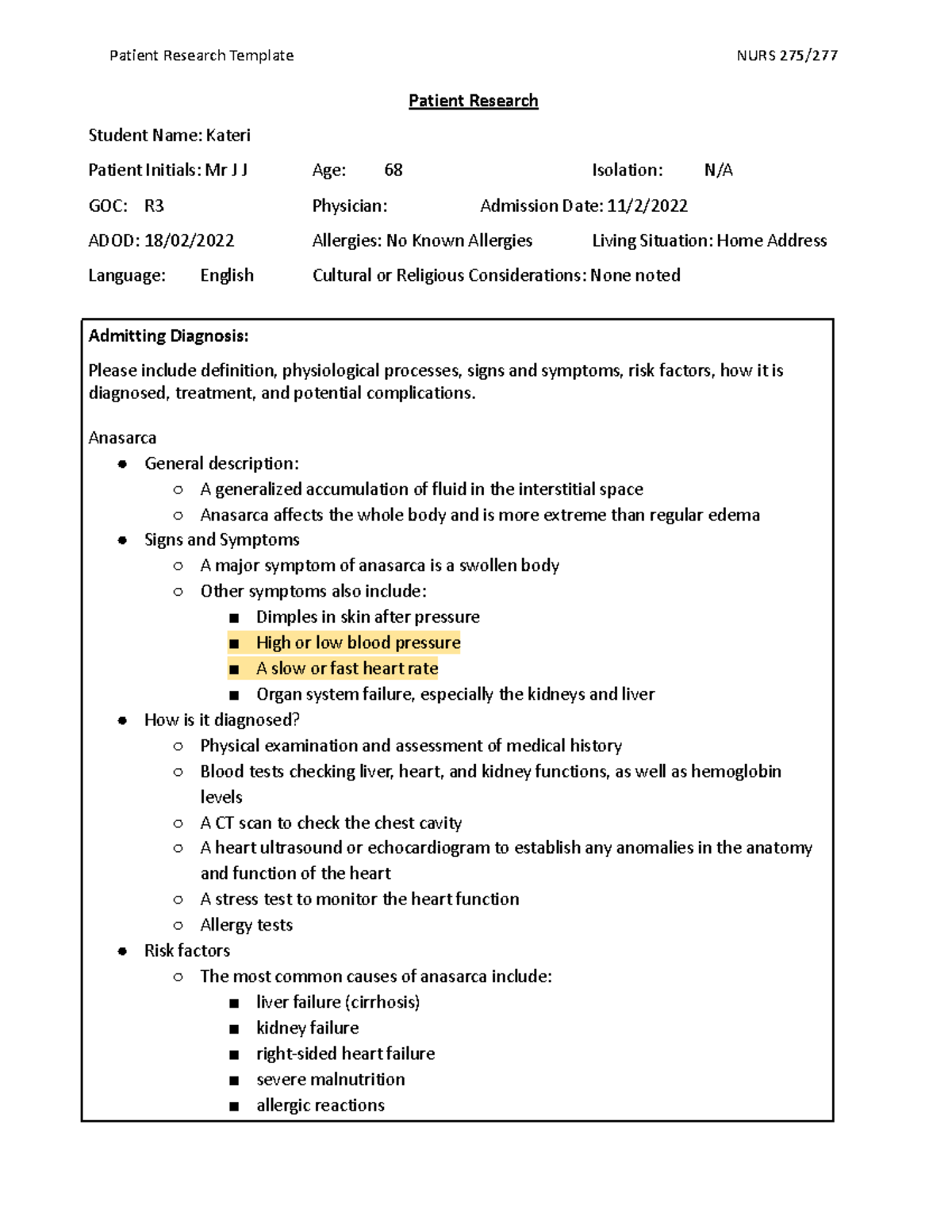 Patient Research (Fake Case #1) - Patient Research Student Name: Kateri ...