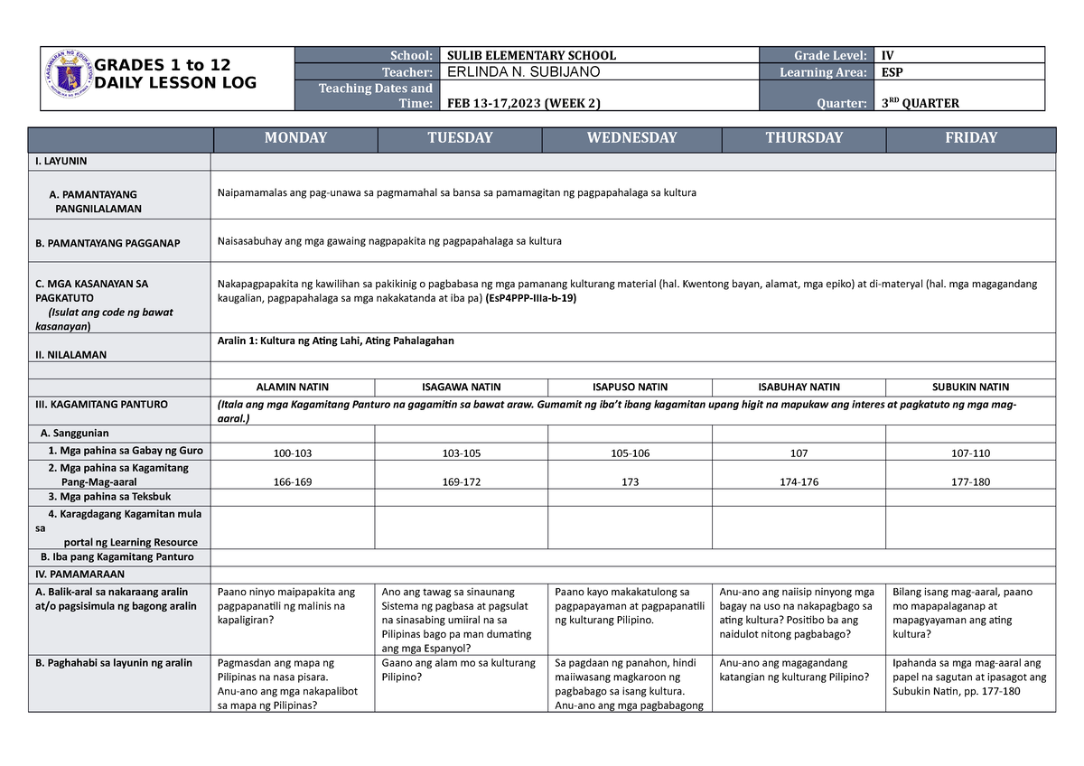 DLL ESP 4 Q3 W1 - DLL ESP 4 - GRADES 1 To 12 DAILY LESSON LOG School ...