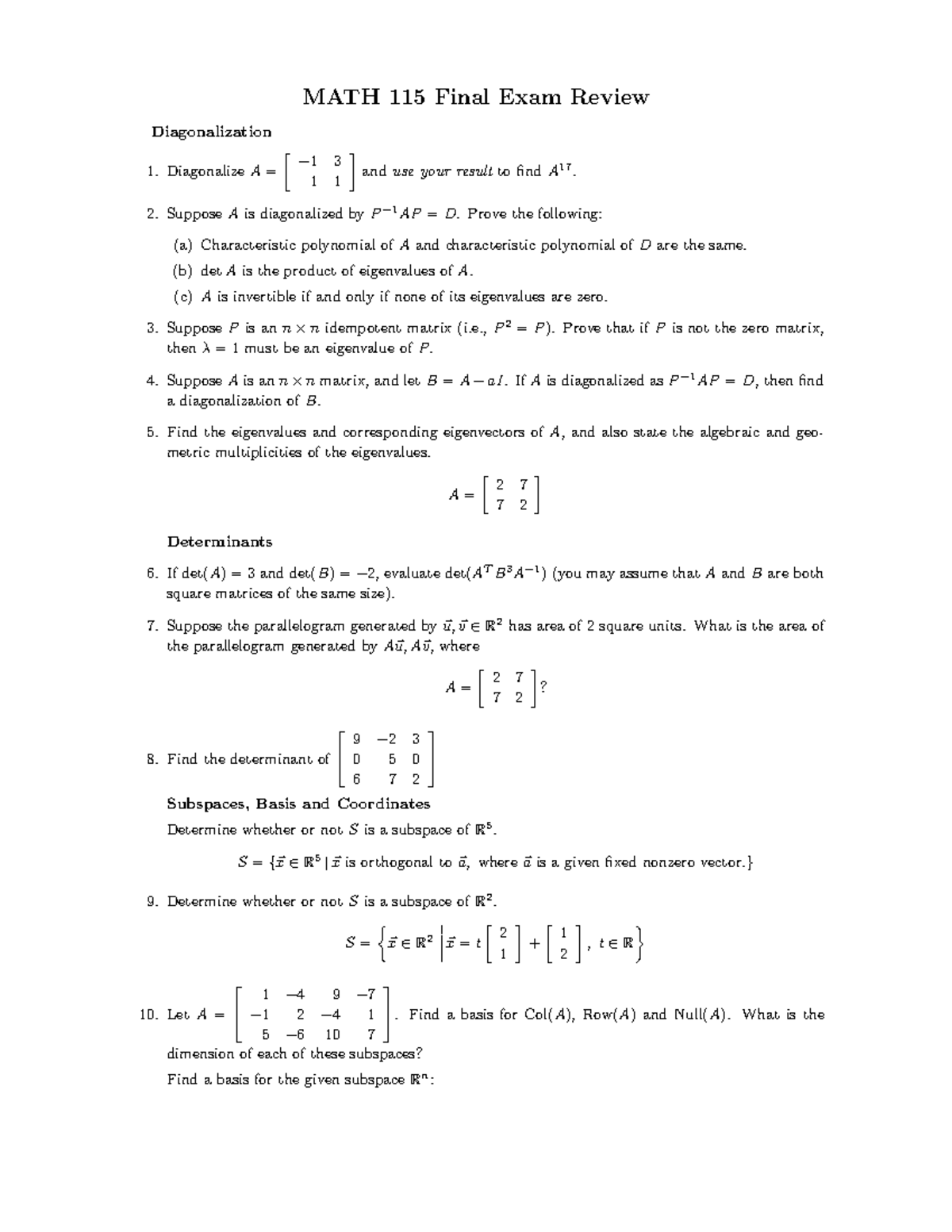 MATH115Review Problems - MATH 115 Final Exam Review Diagonalization 1 ...