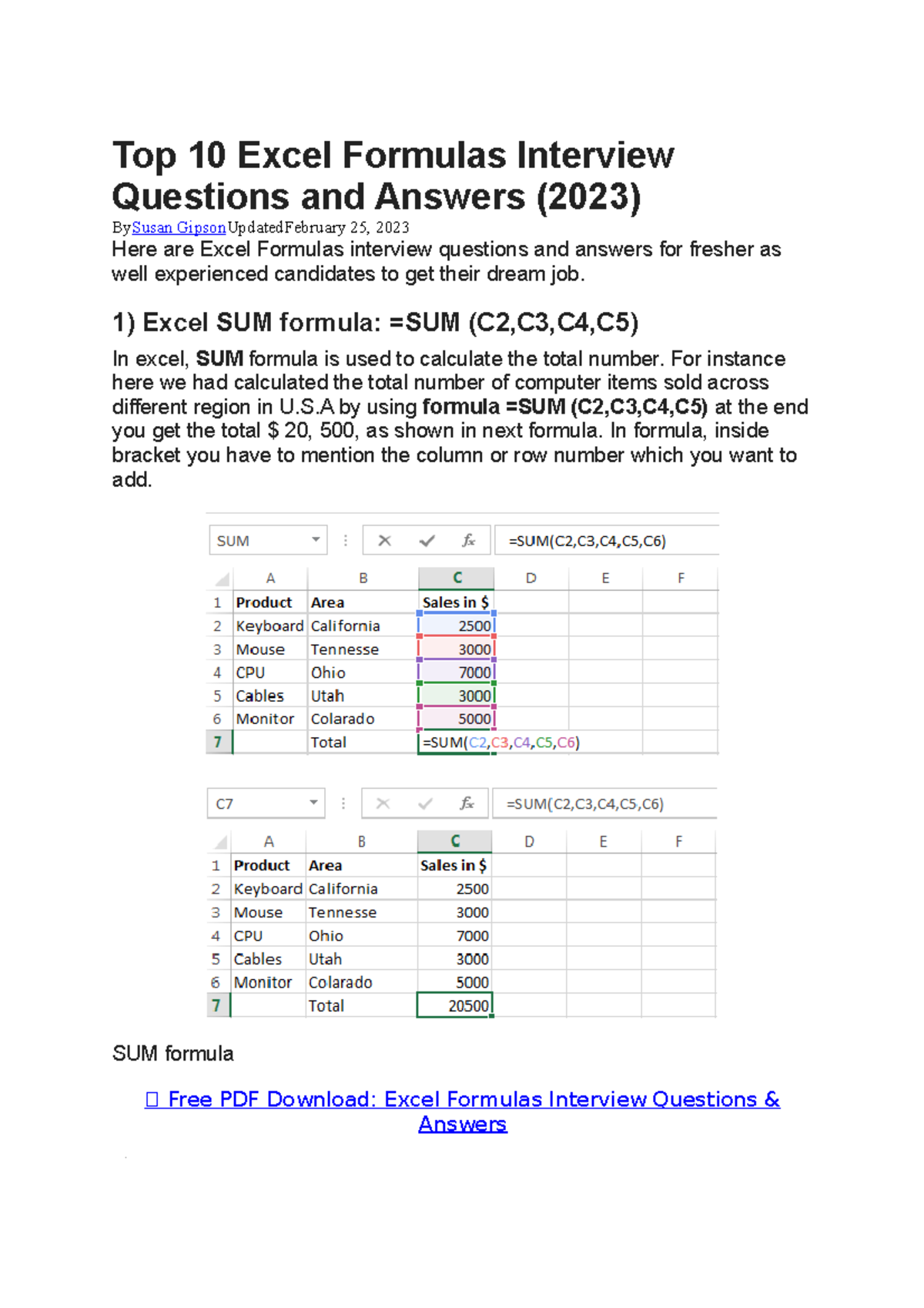 Top Excel Formulas Interview Questions And Answers Excel Sum