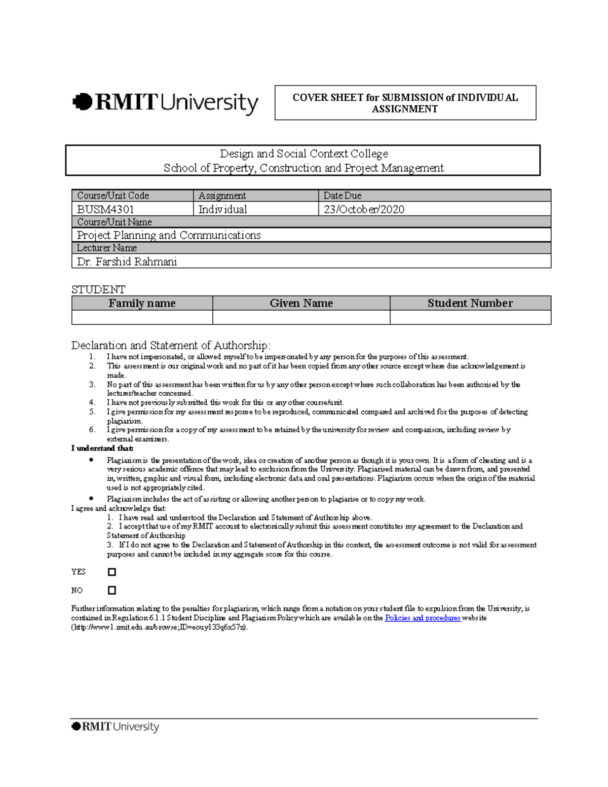 uws individual assignment cover sheet